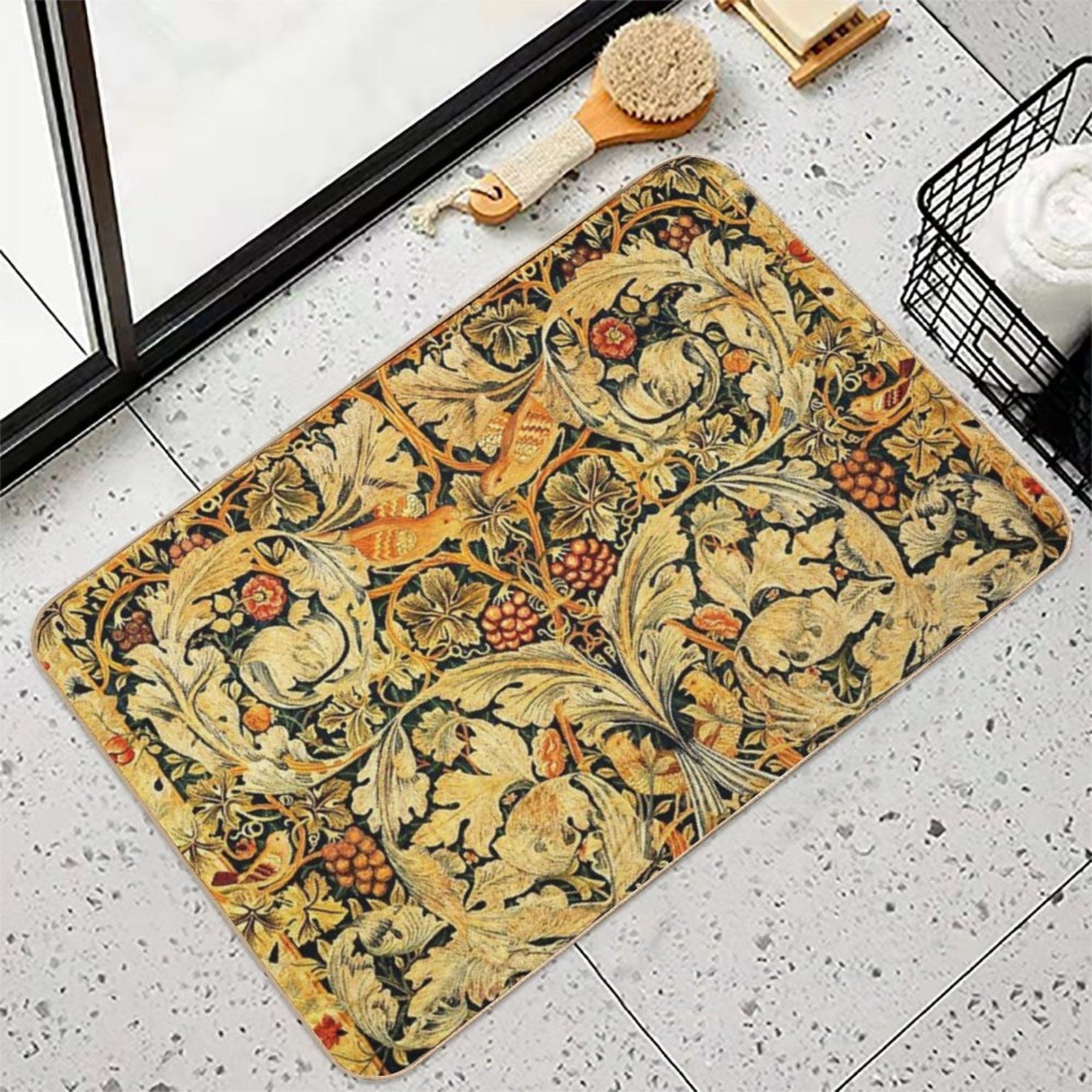BIRDS ON ACANTHUS LEAVES ,ROSES ,VINE AND GRAPES IN ORANGE YELLOW, Art Nouveau Floral  Odorless Bath Mat