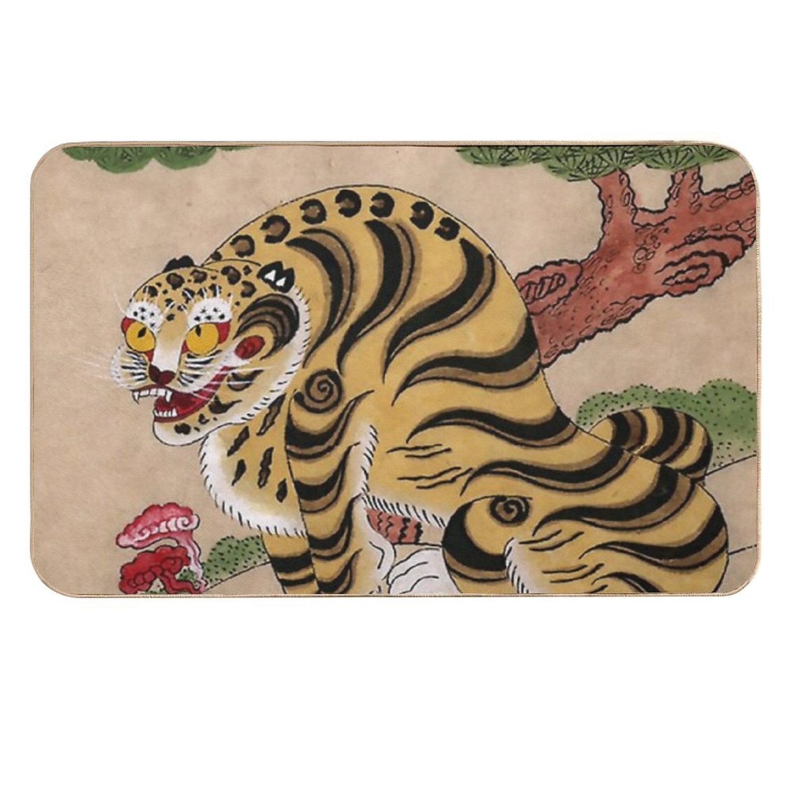 Striped Korean Minhwa Tiger with Magpies  Fade-Resistant Bath Mat