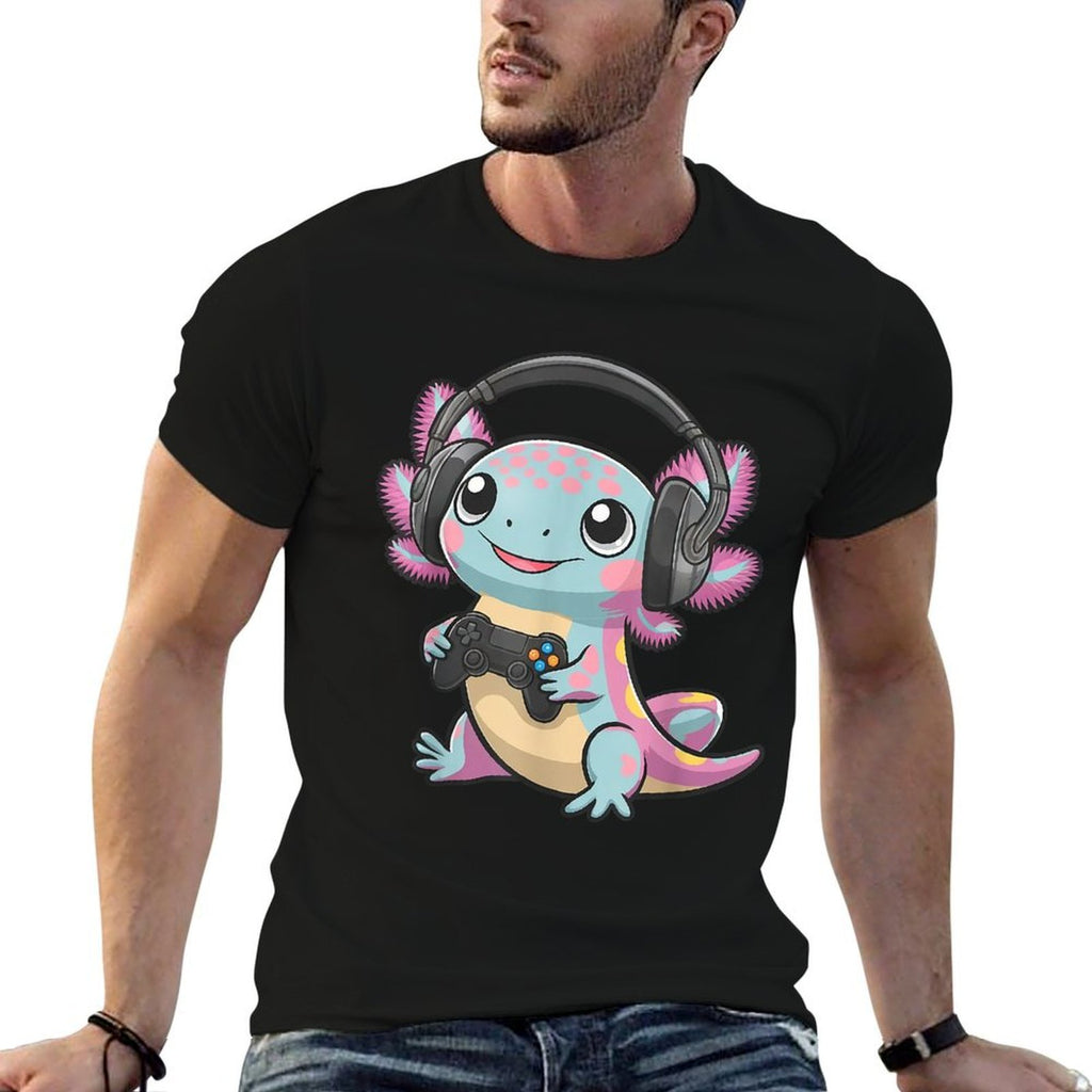 Cute Axolotl Playing Video Games Funny Gaming Axolotl  Rolled Sleeves T-Shirt