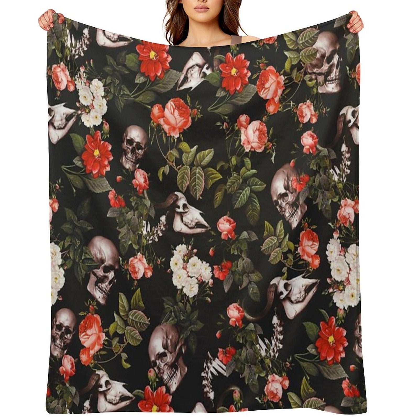 Skull And Floral Pattern Multi-functional Throw Blanket