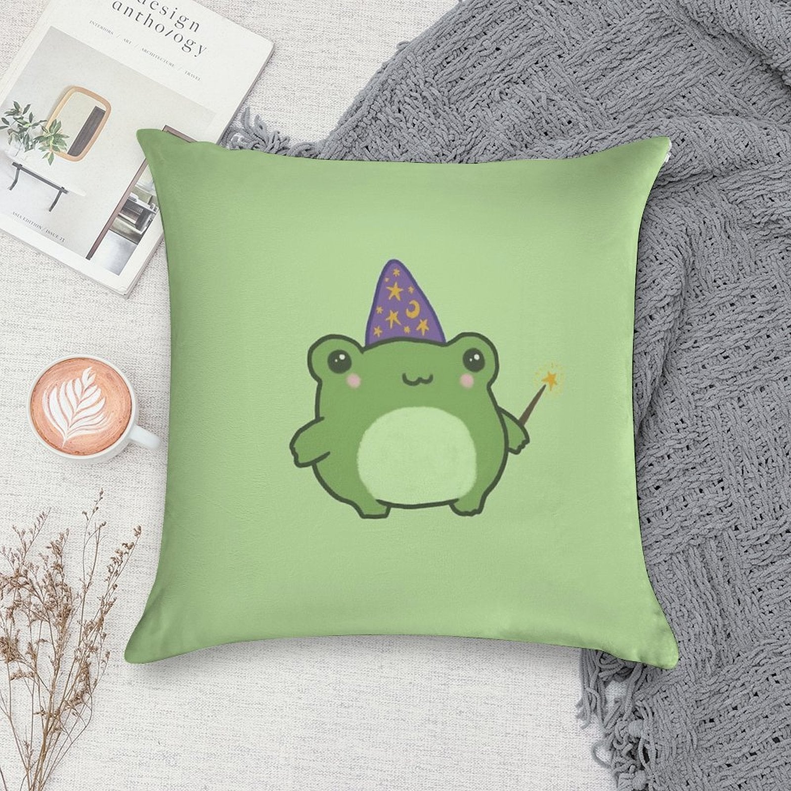 Chubby Frog Wizard Cottagecore Kawaii Toad with Magic Wand, Purple Cap, Ideal Fantasy Gift for Teens And Kids Soft Warmth Comfort Throw Pillow