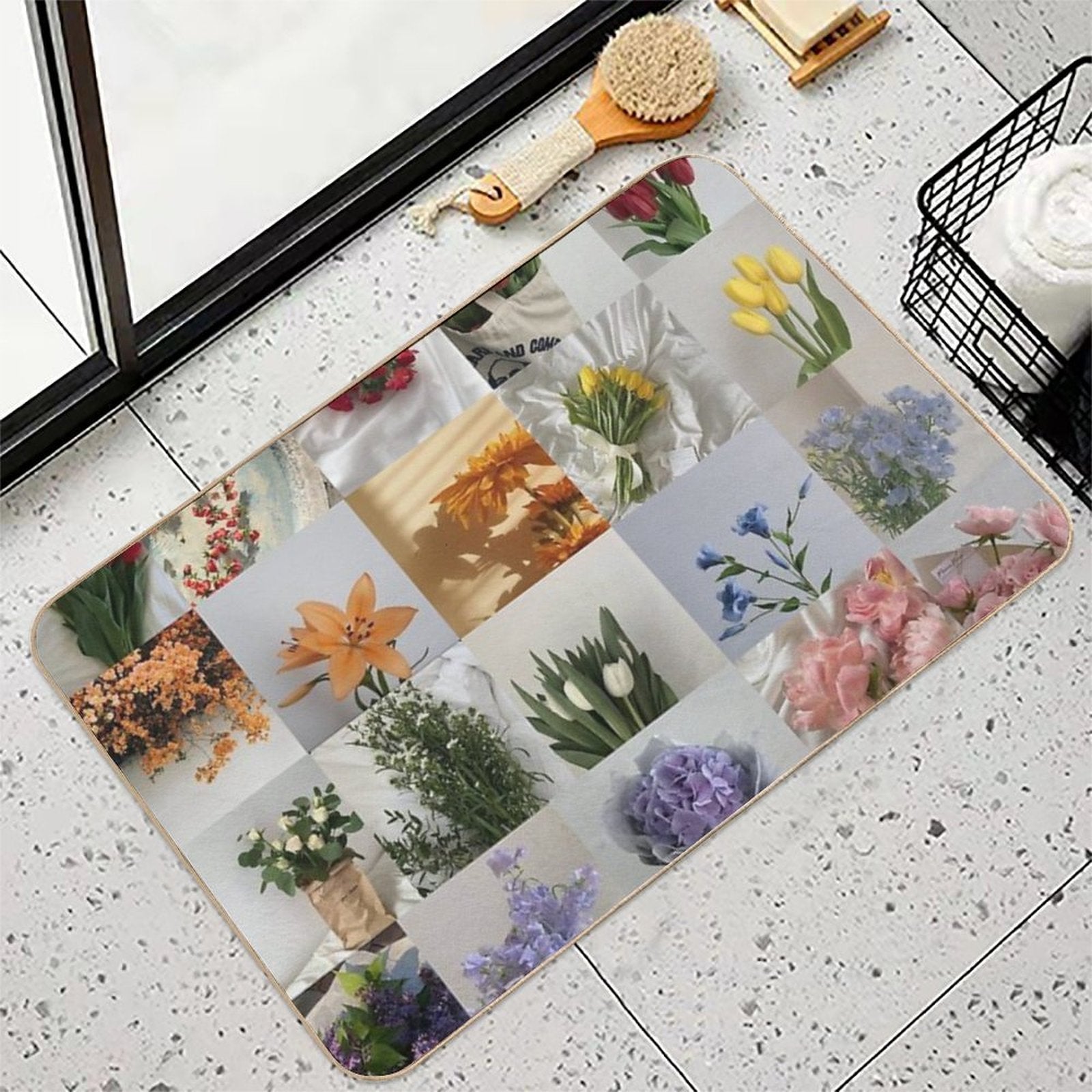 Minimal Rainbow Flower Collage  Easy To Clean Bath Mat
