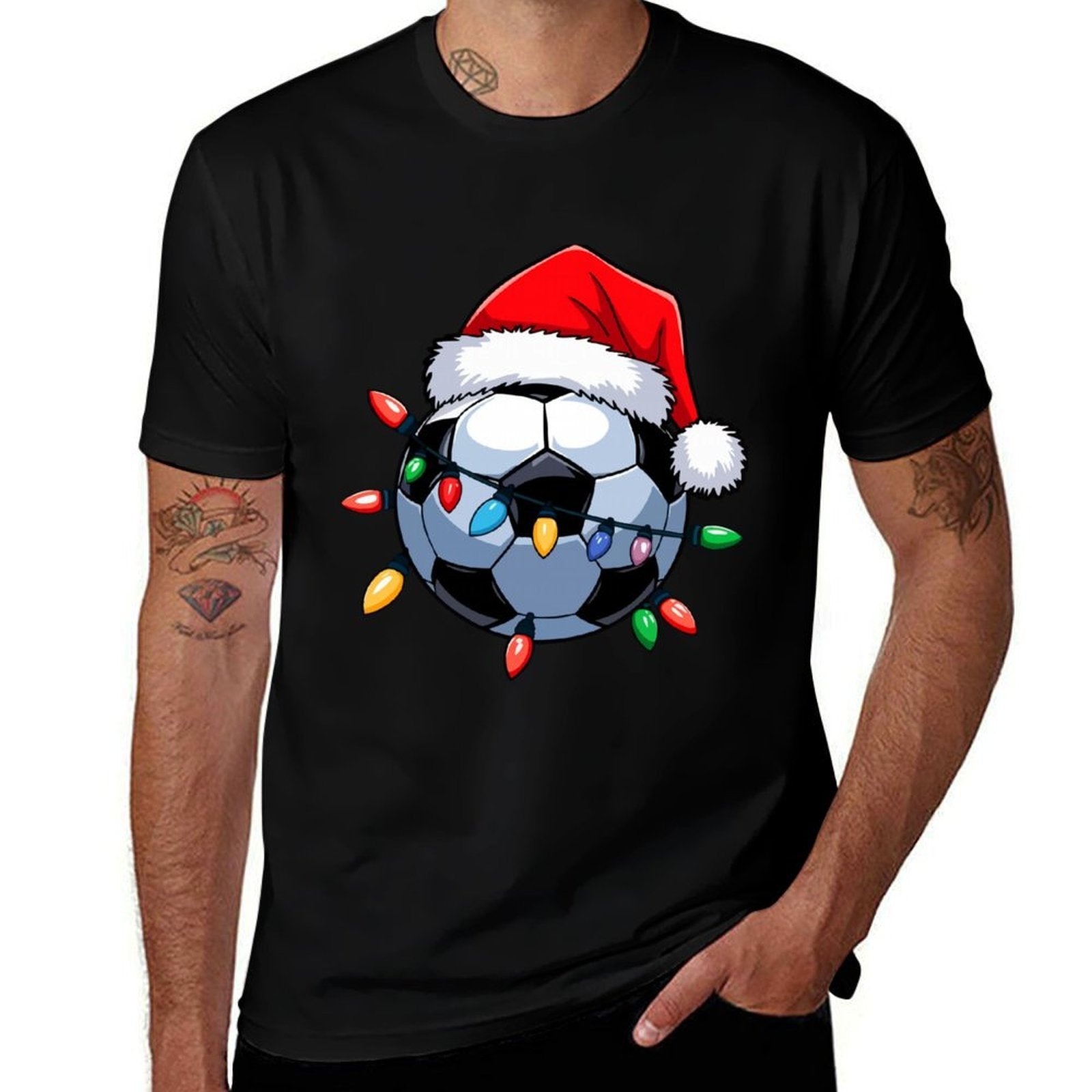Santa Soccer Ball Christmas Lights Boys Men Soccer Player  Rolled Sleeves T-Shirt