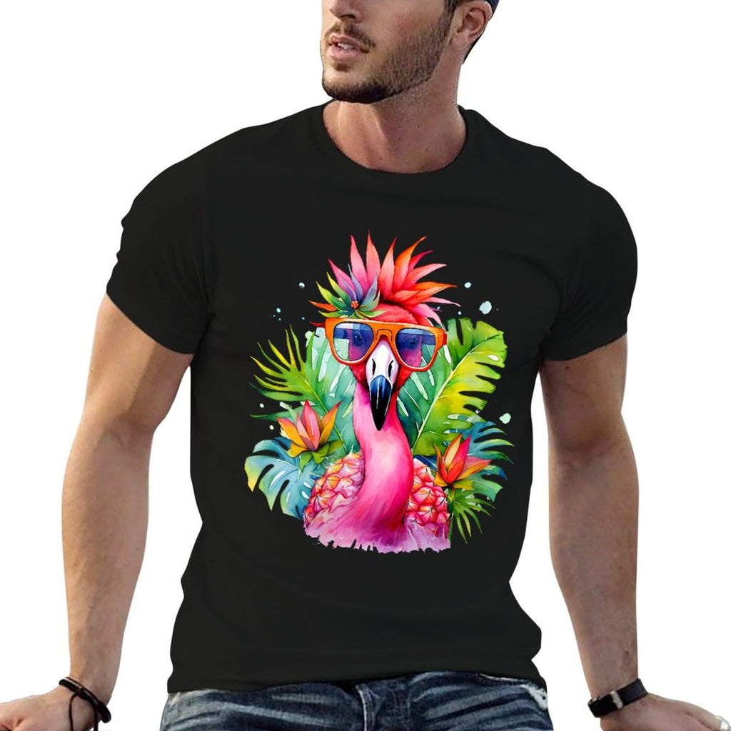 Womens Pink Flamingo Party Tropical Bird with Sunglasses Vacation  Easy-care T-Shirt