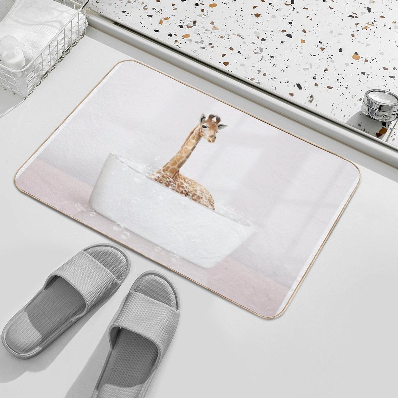 Baby Giraffe in Modern Bathtub Pink Print, Baby Giraffe Bathing, Animals in Bathtub Art by Synplus  Non-Slip Bath Mat