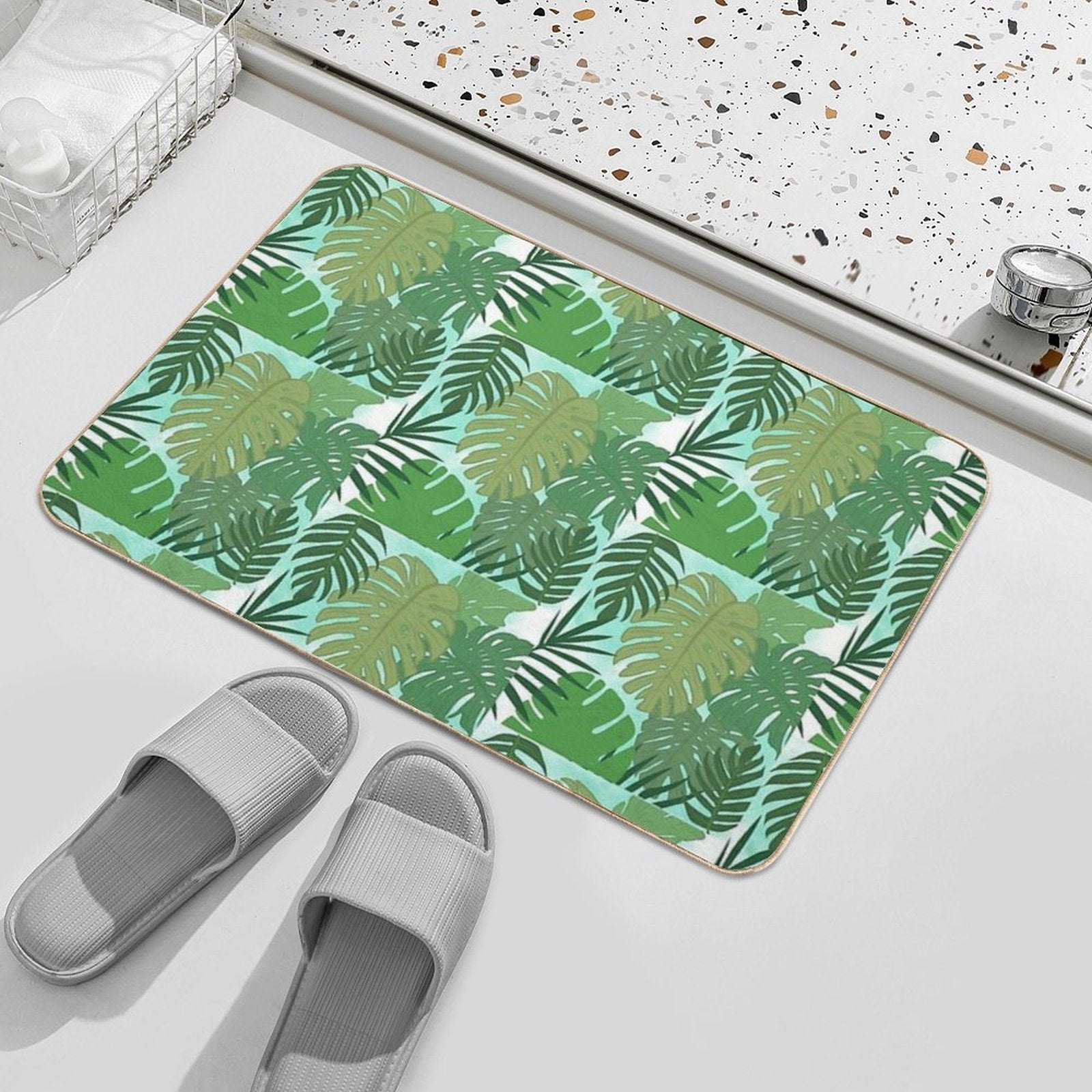 Fairy Tale Monstera Leaves in Shades of Green  Long-Lasting Bath Mat