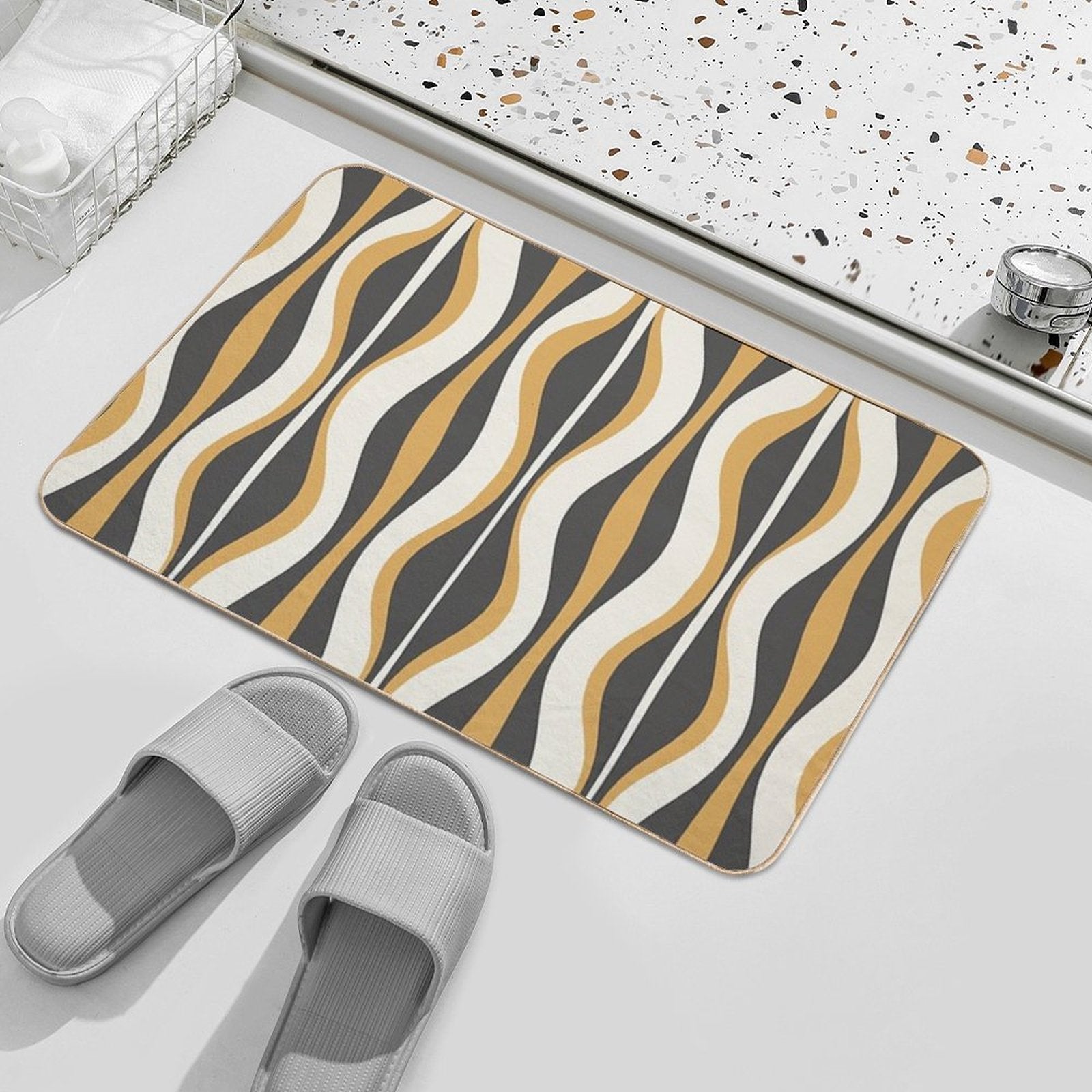 Hourglass Abstract Mid-century Modern Pattern in Charcoal Grey, Muted Mustard Gold, And Cream  Anti-Trip Bath Mat