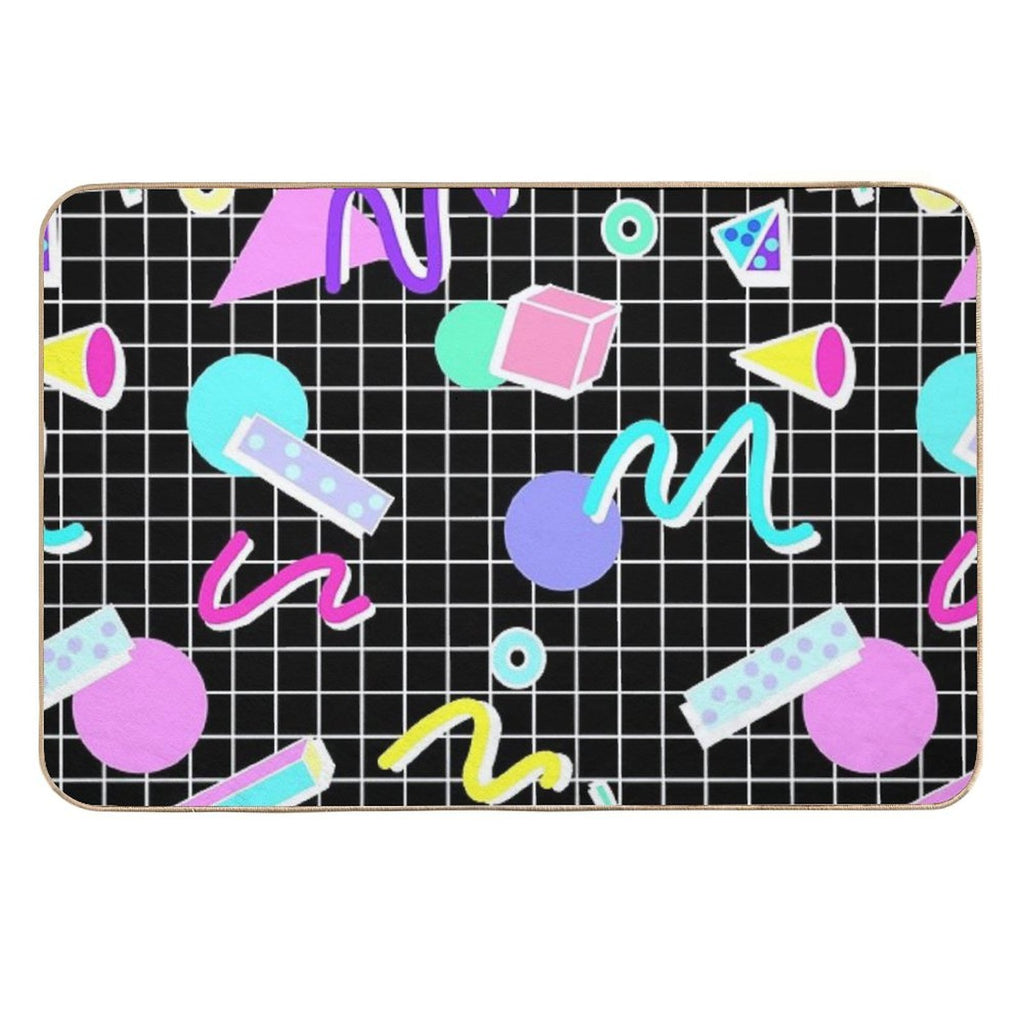 80s Retro Party Grid Design (Black BG)  Rapid-Drying Bath Mat