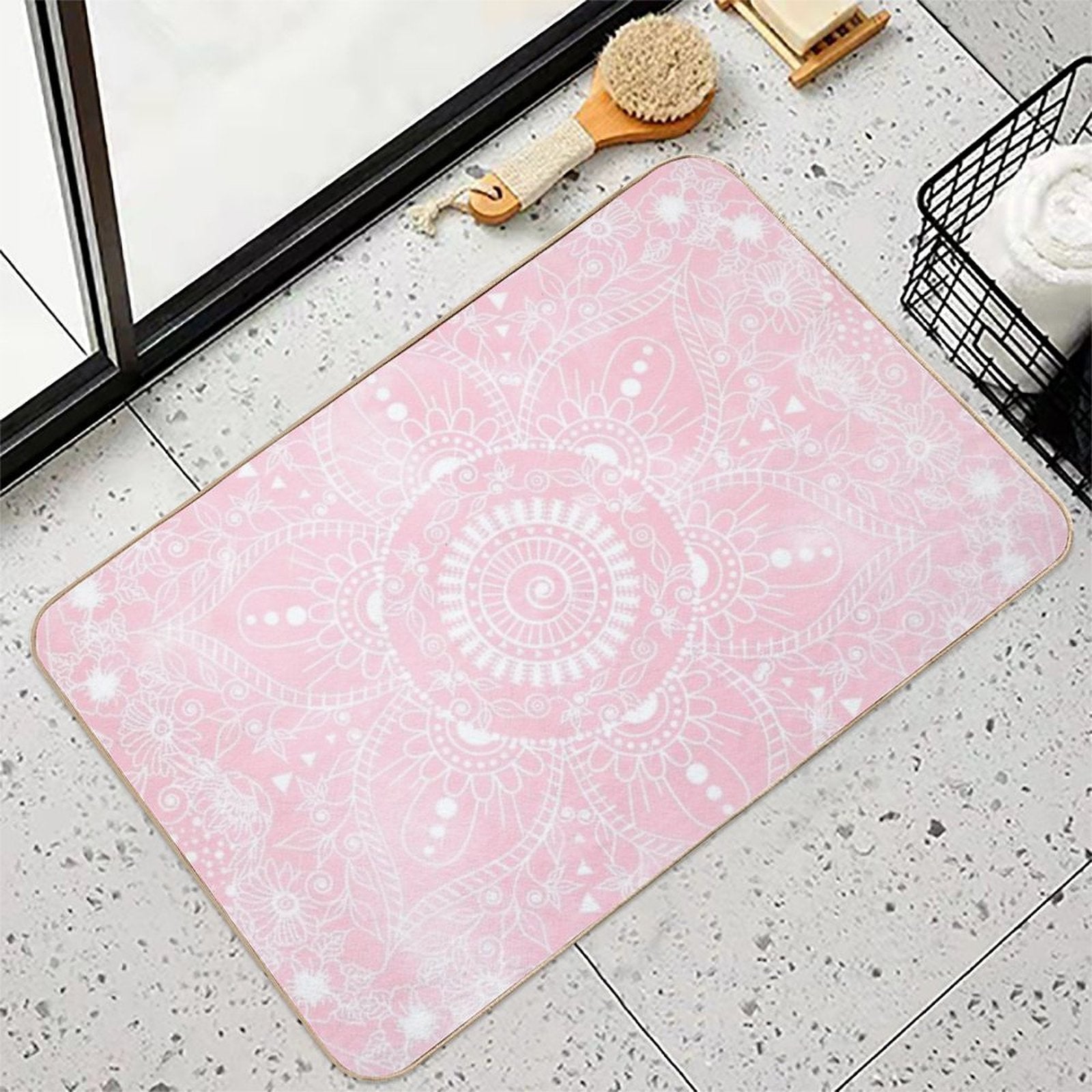 Watercolor White Mandala Flower Pink Design  Absorbent Bath Mat