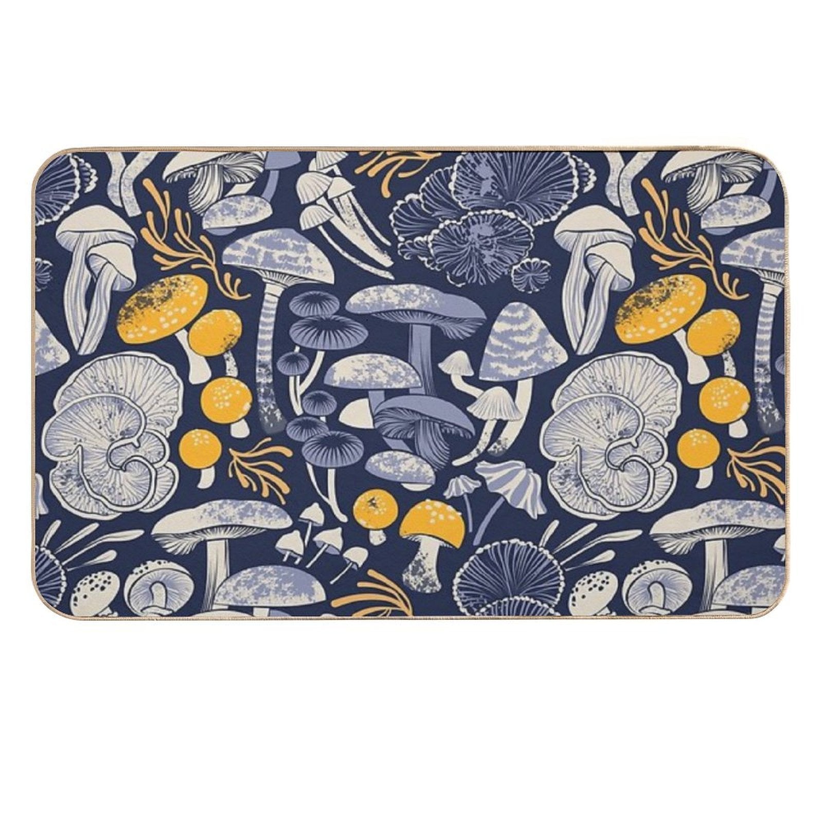 Mystical Fungi  Midnight Blue Background Ivory Pale Blue And Yellow Wild Mushrooms Durable Bath Mat