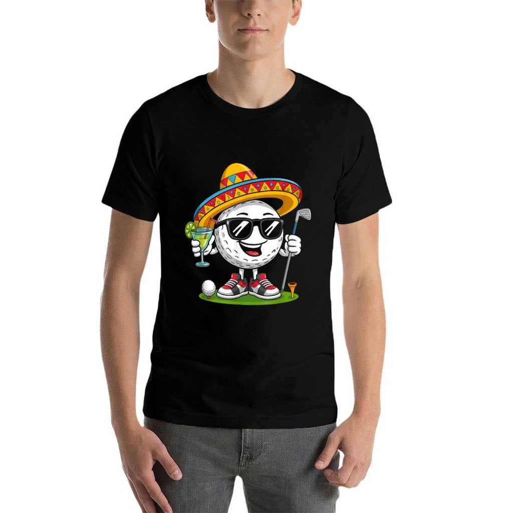 Funny Cinco De Mayo Golf Ball With Sombrero Margarita Golfer  Ribbed Collar T-Shirt