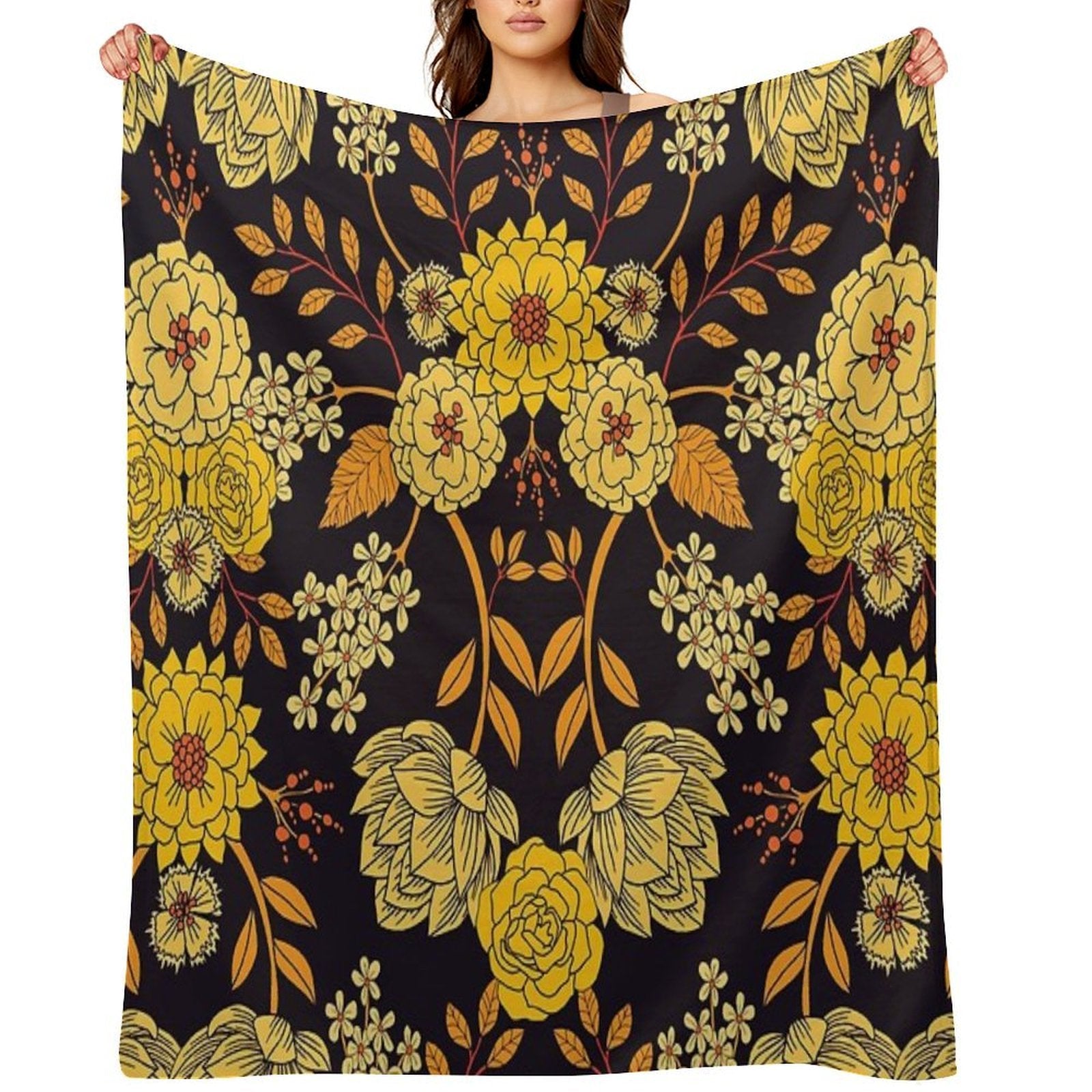 Yellow, Orange & Navy Blue Dark Floral Pattern Quick-dry Throw Blanket