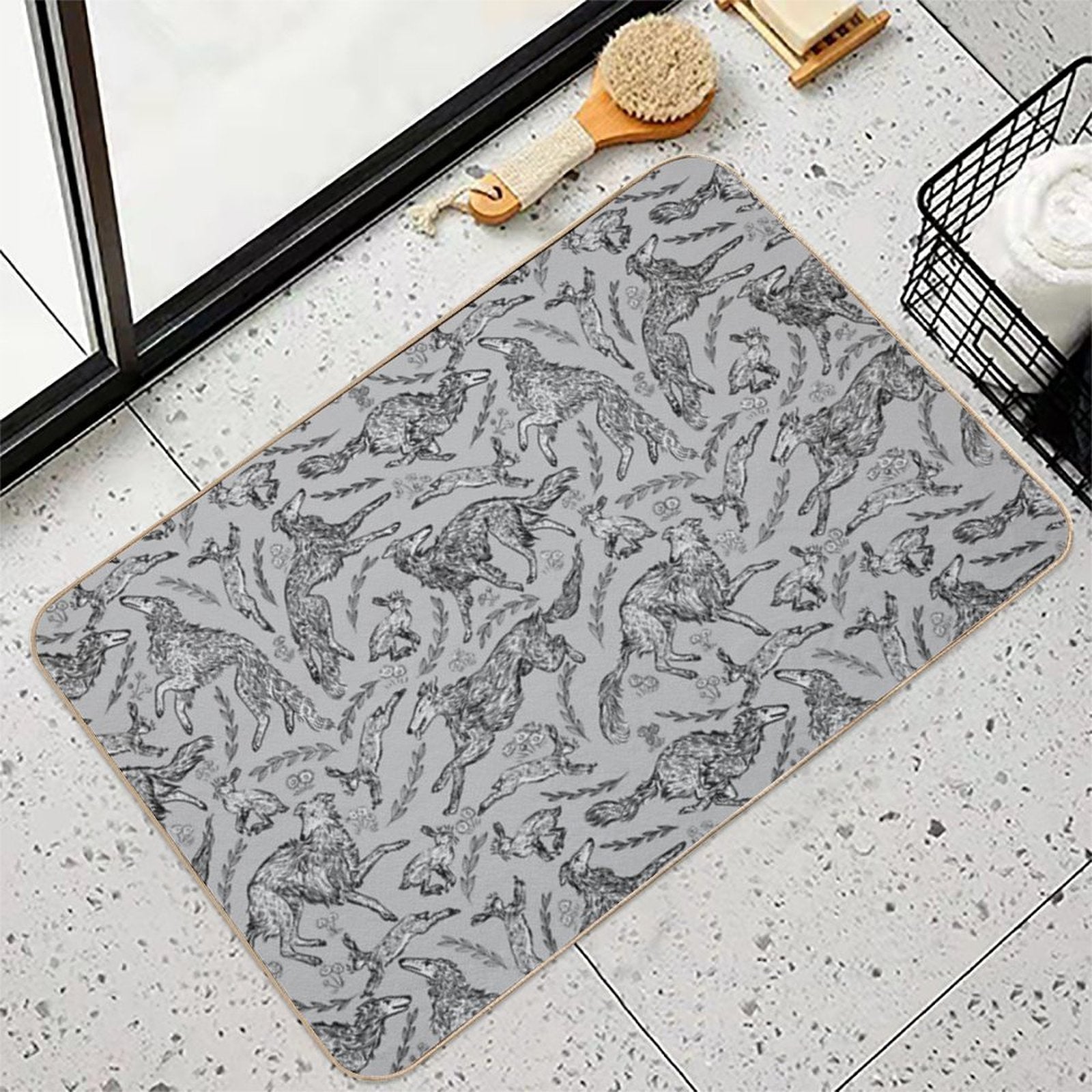 Hounds And Hares - White Dogs on Silver Field  Odorless Bath Mat