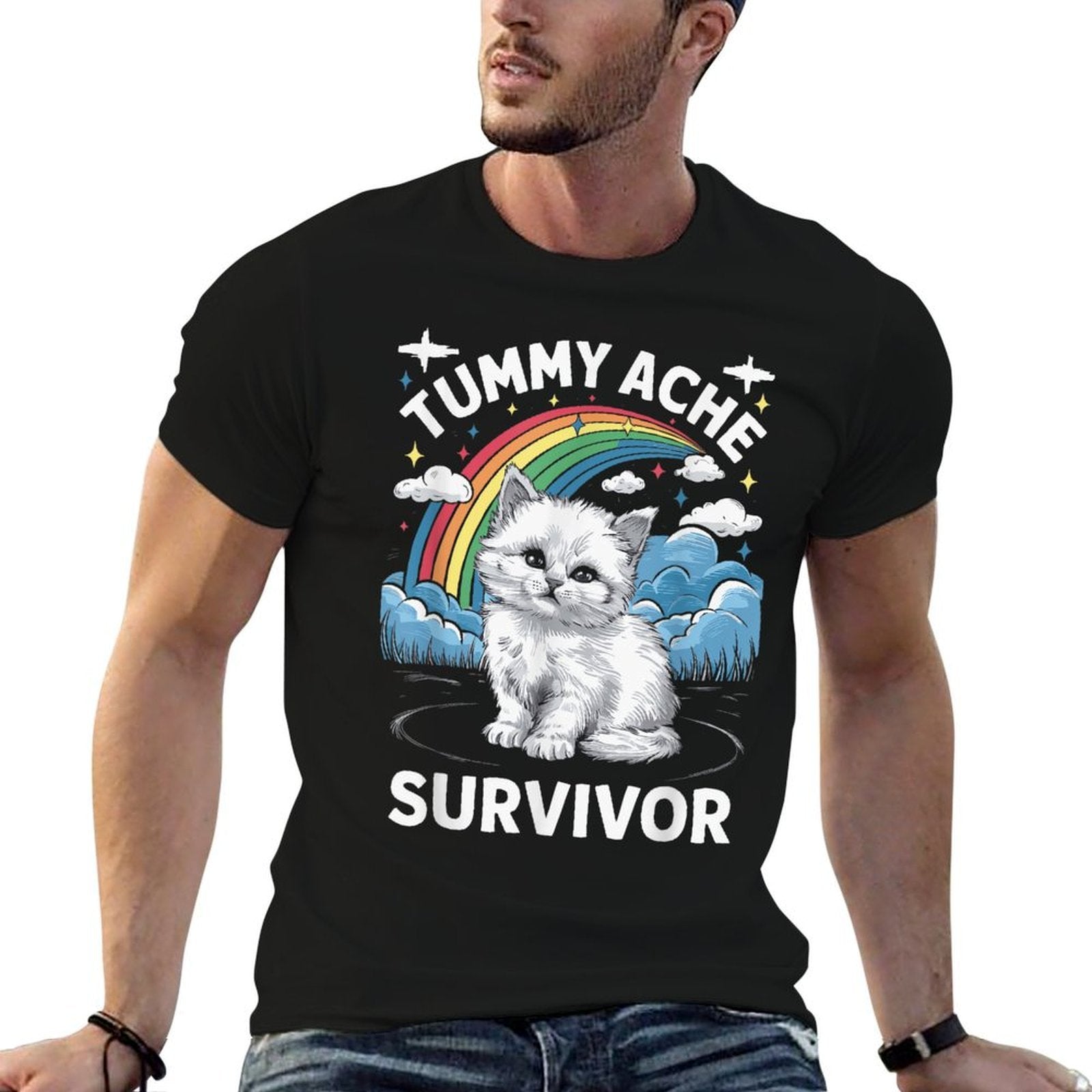 Oddly Specific Meme Stomach Ache Funny Black Tummy Ache Survivor Cat  Vintage-inspired T-Shirt