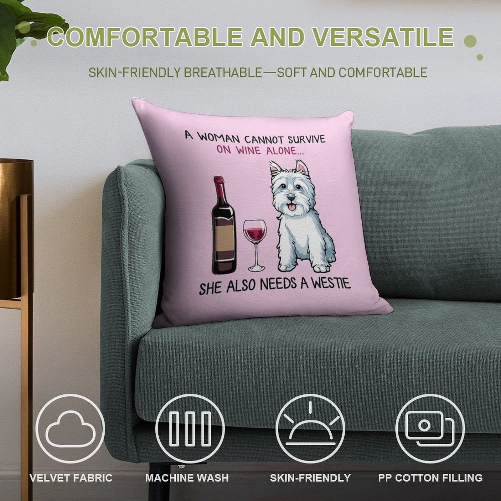 Westie And Wine Funny Dog Soft Decorative Cover Throw Pillow