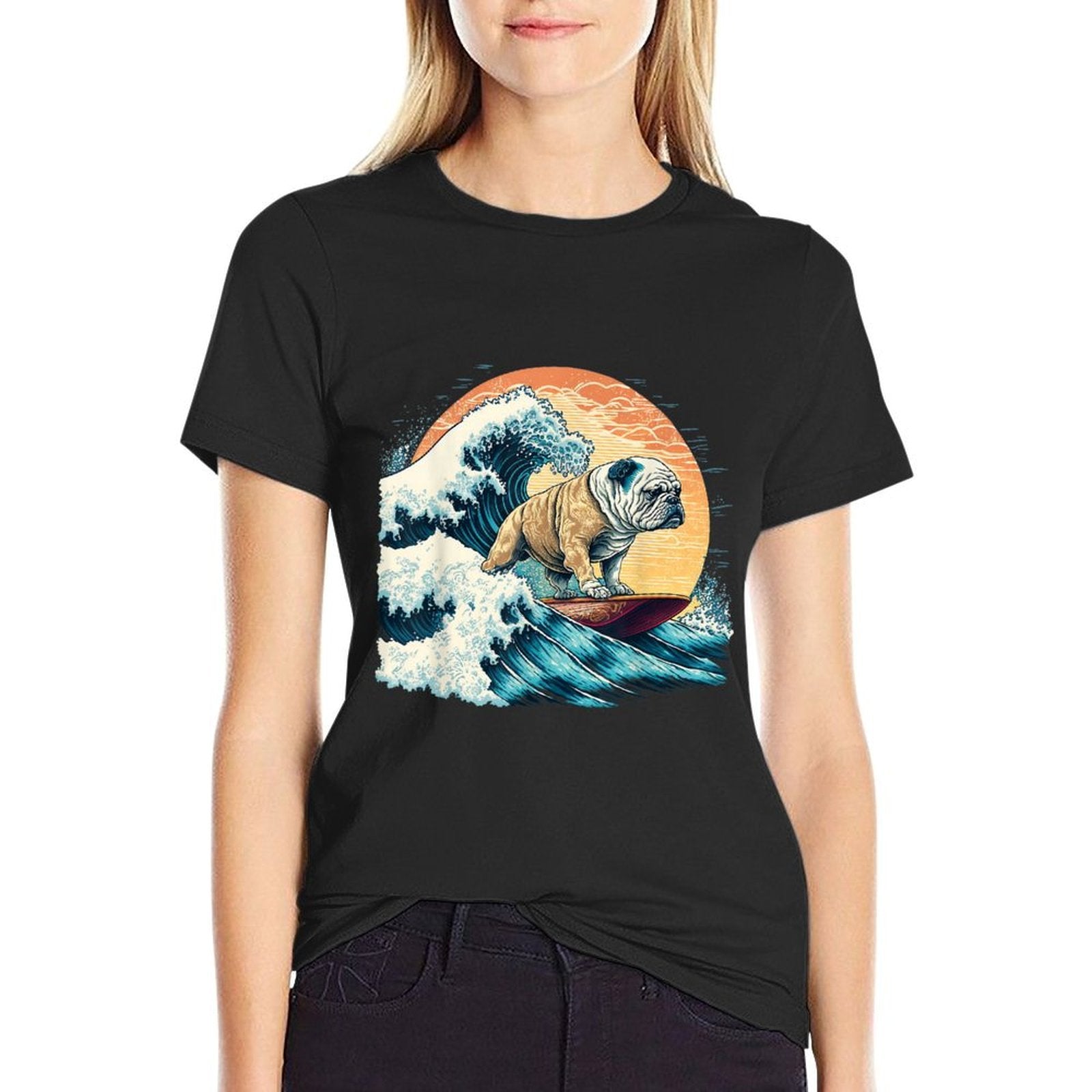 English Bulldog Surfing On The Great Wave of Kanagawa Men Women Girls Kids  Eco-friendly Material T-Shirt