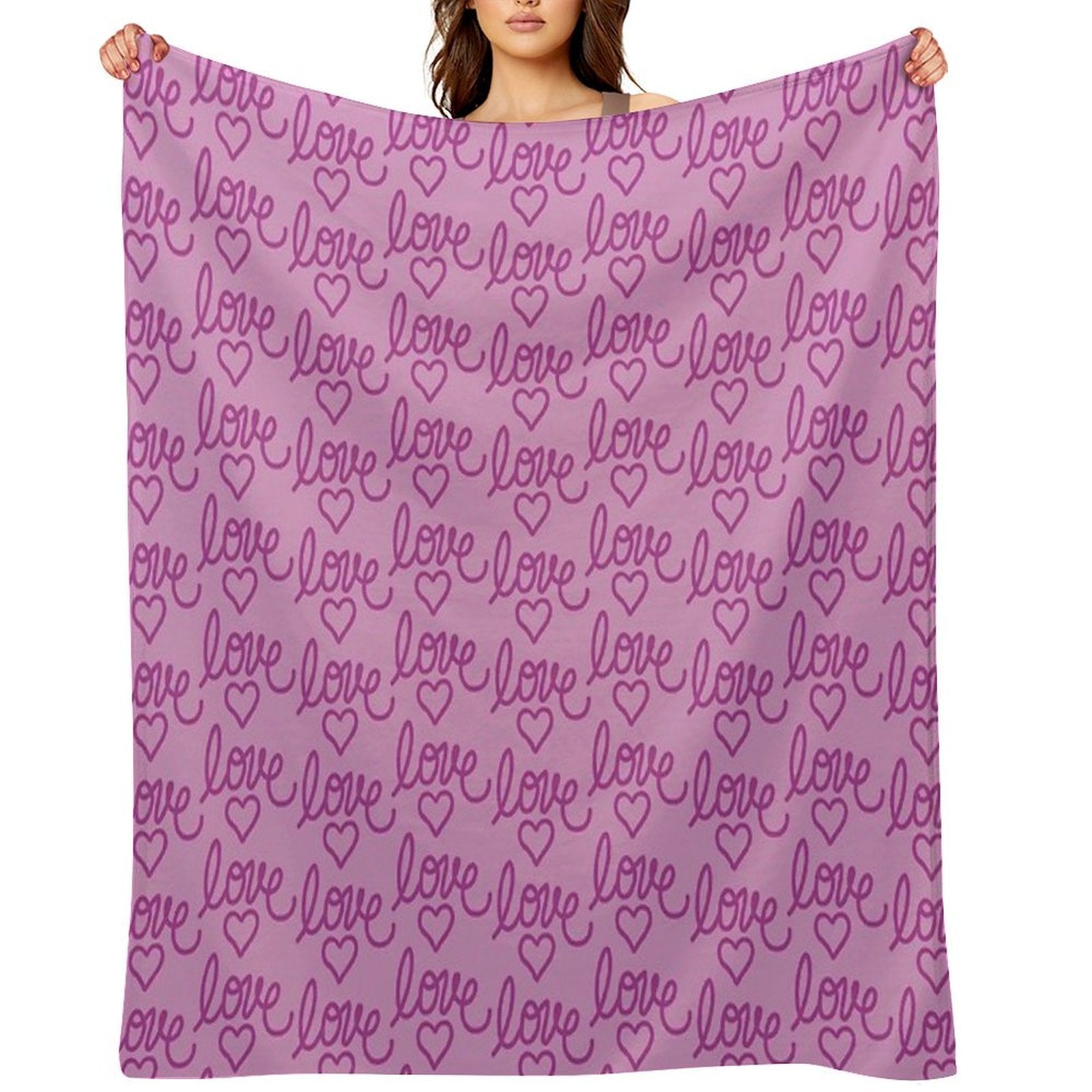 Hand Drawn Script Lettering Monochromatic Magenta Heart Love Pattern Drama Travel-friendly Throw Blanket