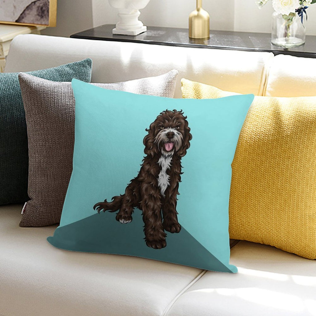 Sproodle  Cute Dog Art  Turquoise Background Soft Reinforced Edging Throw Pillow