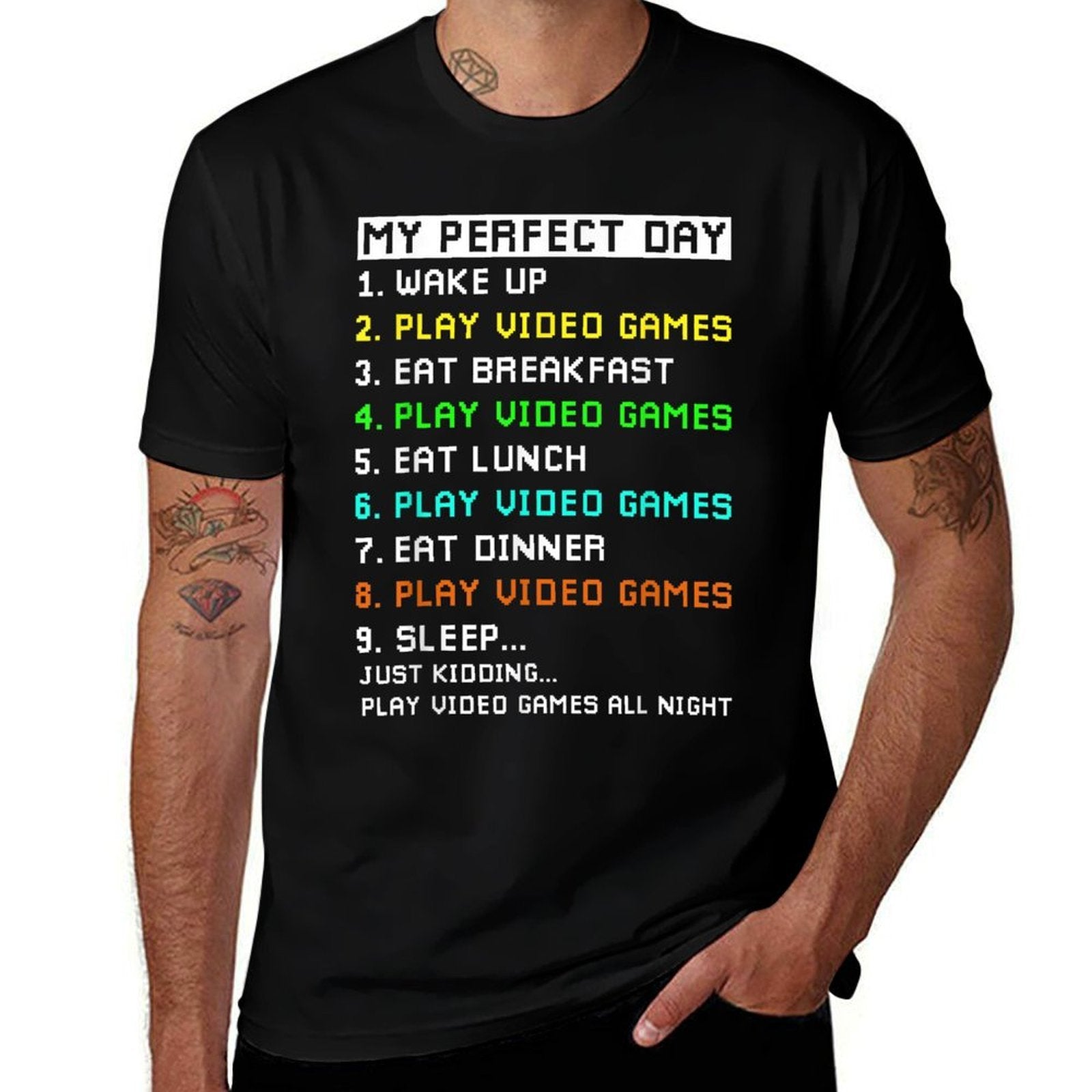 My Perfect Day Play Video Games Funny Gamer Men Boys Kids  Durable T-Shirt