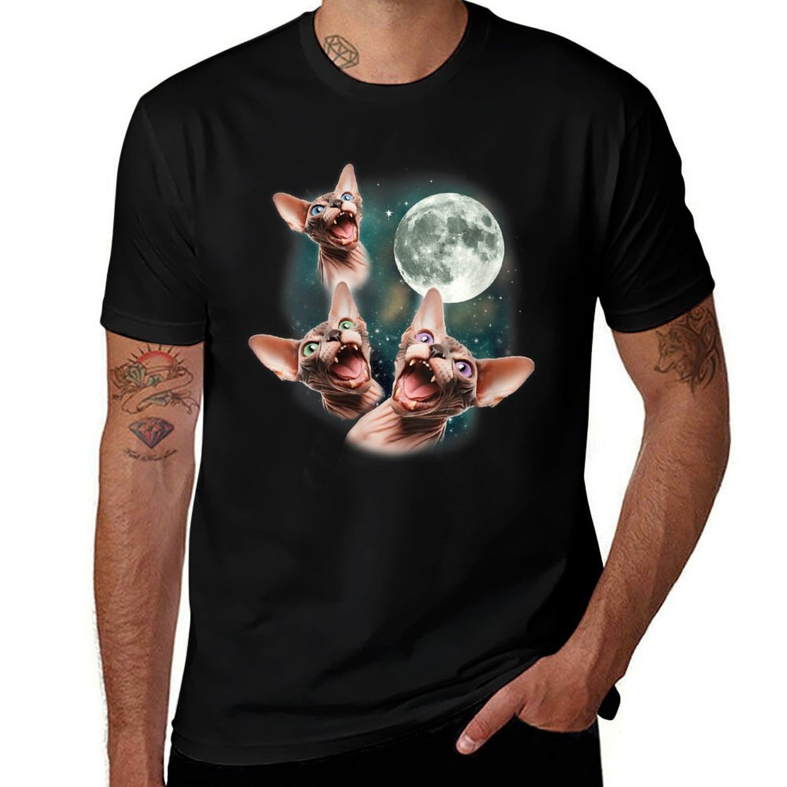 Womens Three Sphynx Moon  3 Hairless Cats Howling Cursed Wolf Meme  Stretchy T-Shirt