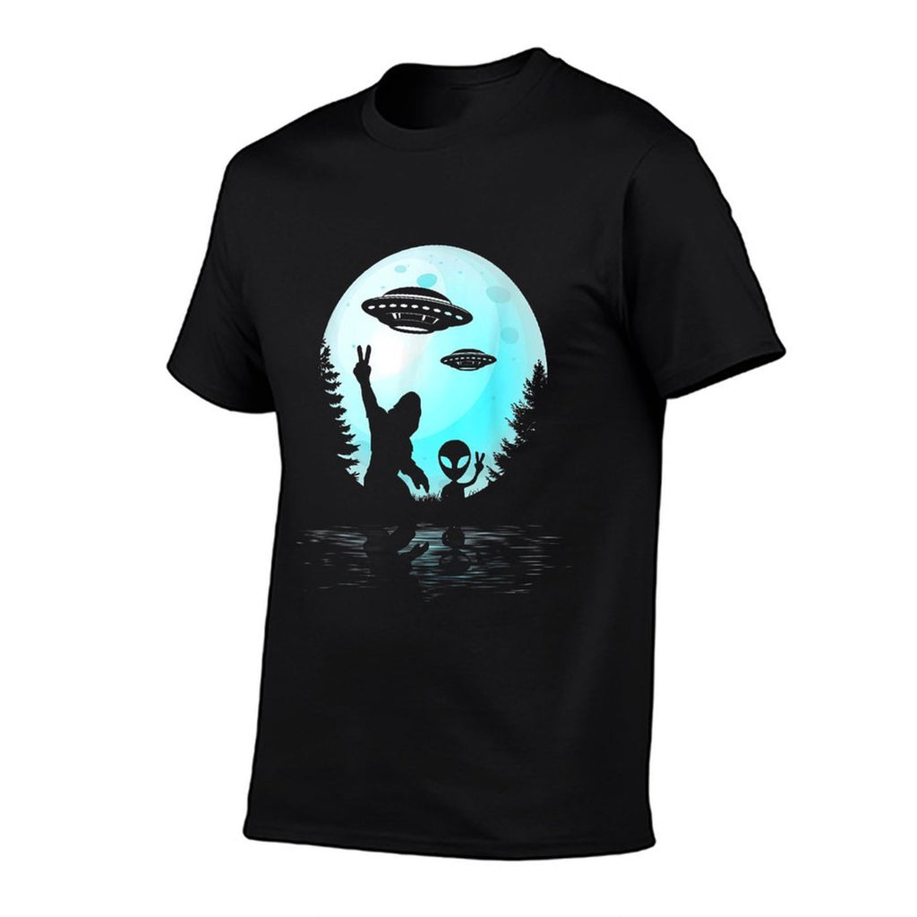 Alien And Bigfoot Full Moon Sasquatch UFO For Men Women Kids  Rolled Sleeves T-Shirt