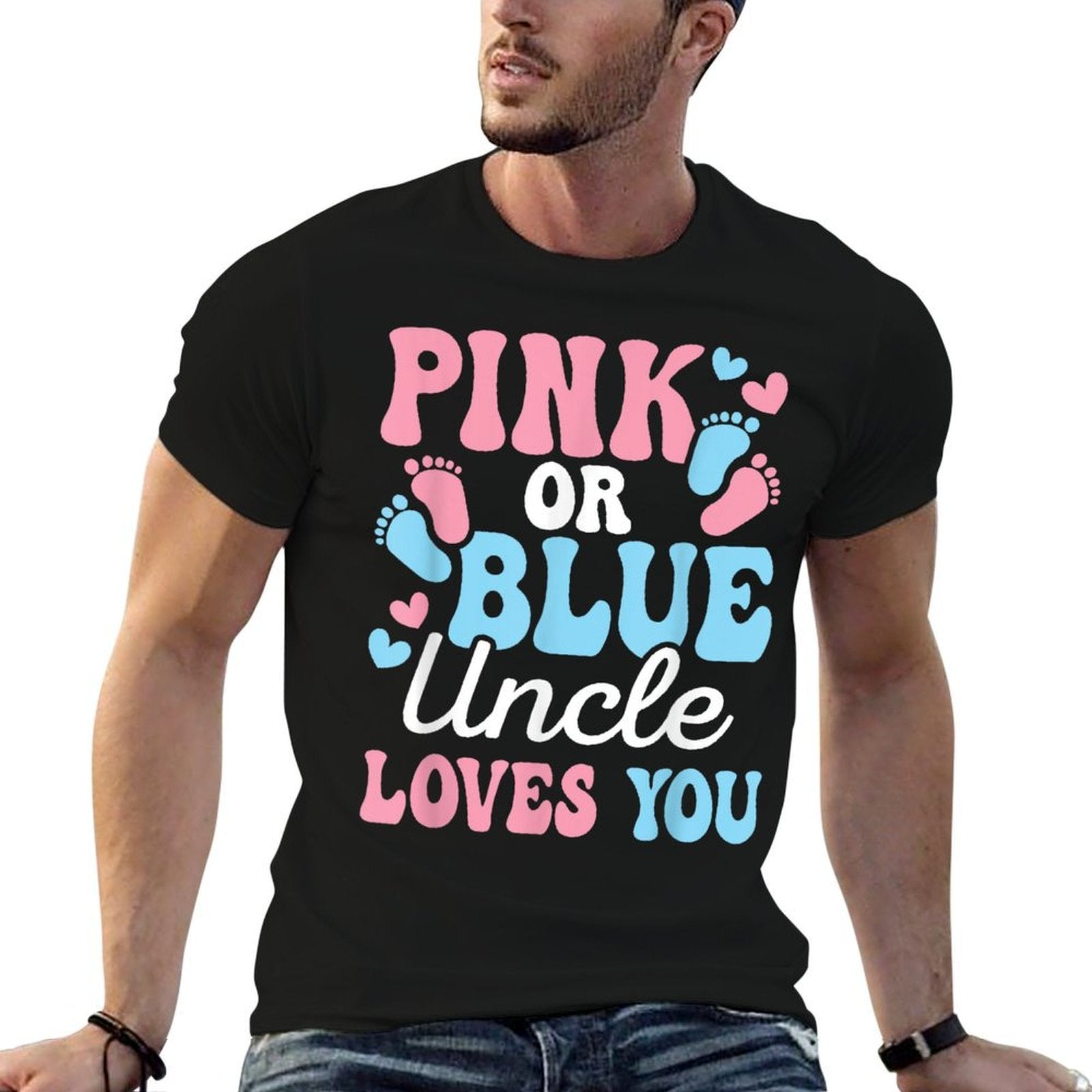 Pink Or Blue Uncle Loves You Funny Gender Reveal Men  Ribbed Collar T-Shirt