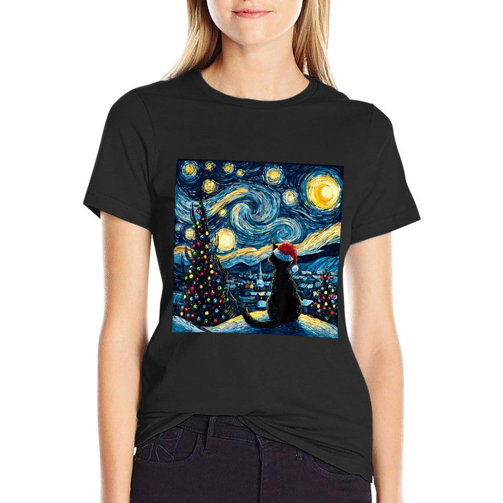 Van Gogh Starry Night Black Cat Santa Hat Toddlers Christmas  Odor-resistant T-Shirt