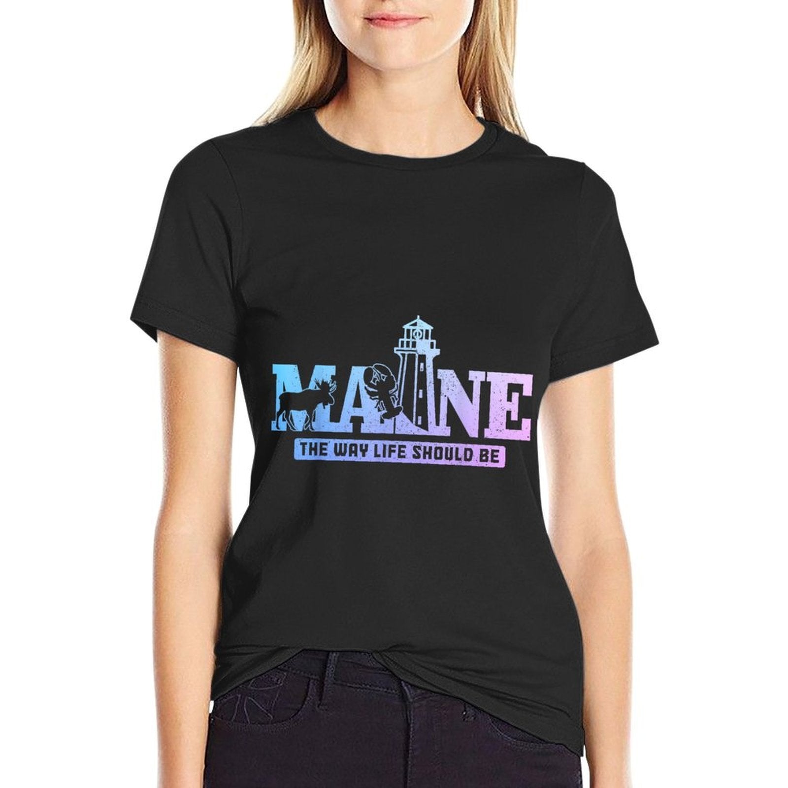 Maine Lighthouse Elk Lobster Pride Vintage Souvenir  Polyester Blend T-Shirt