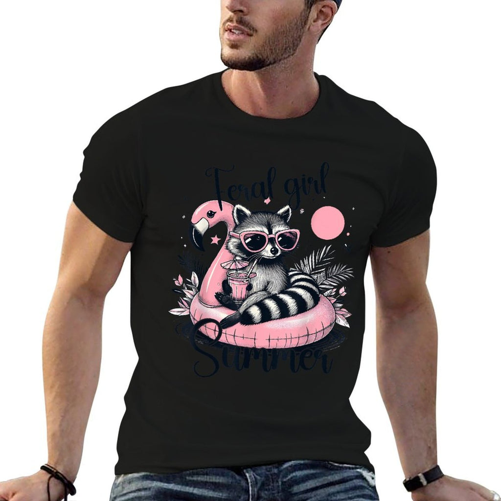 Feral Girl Funny Meme Raccoon Summer Vacation Hawaii Beach  Ribbed Collar T-Shirt