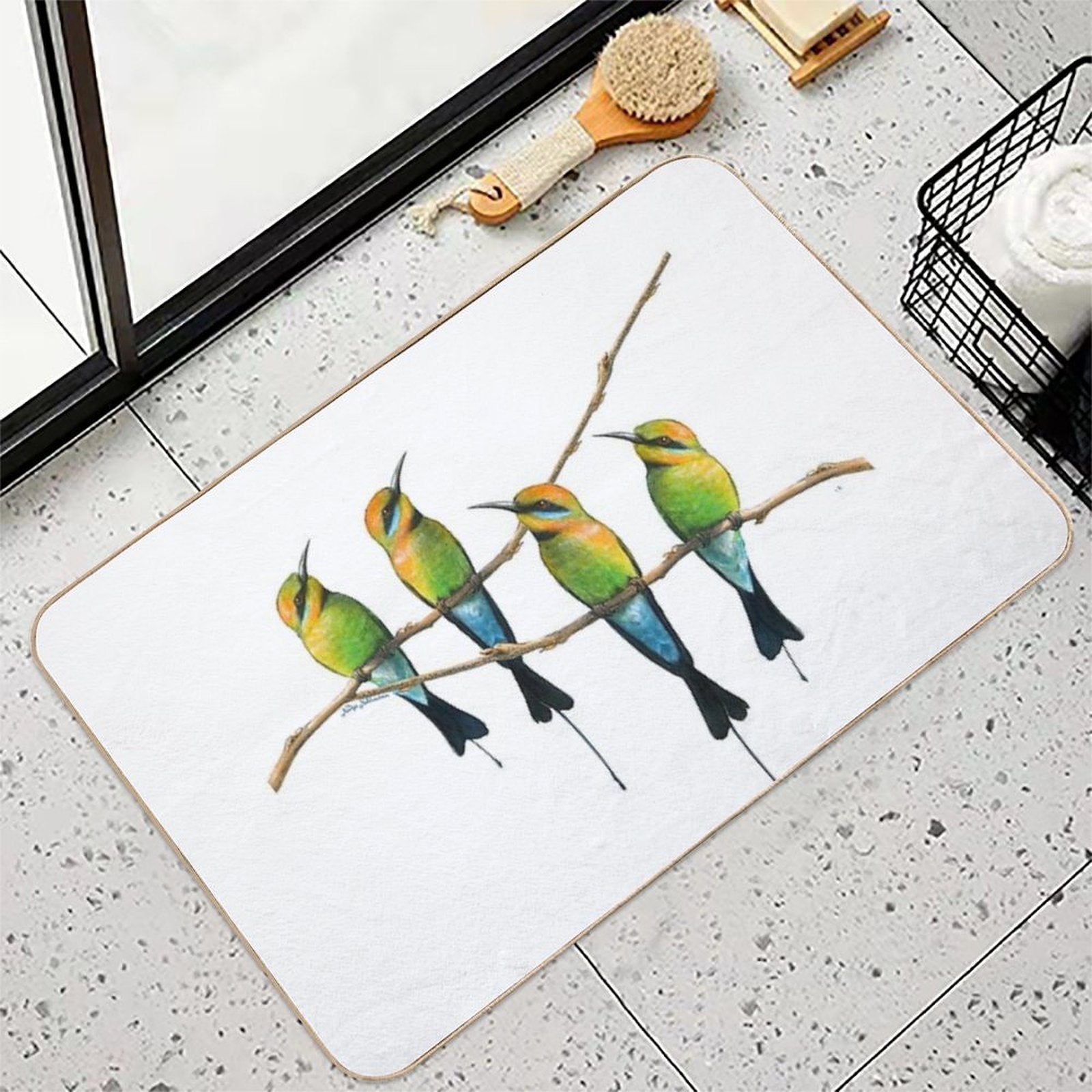 Rainbow Bee-Eaters Watercolour Design - Blue Background  Slip-Resistant Bath Mat