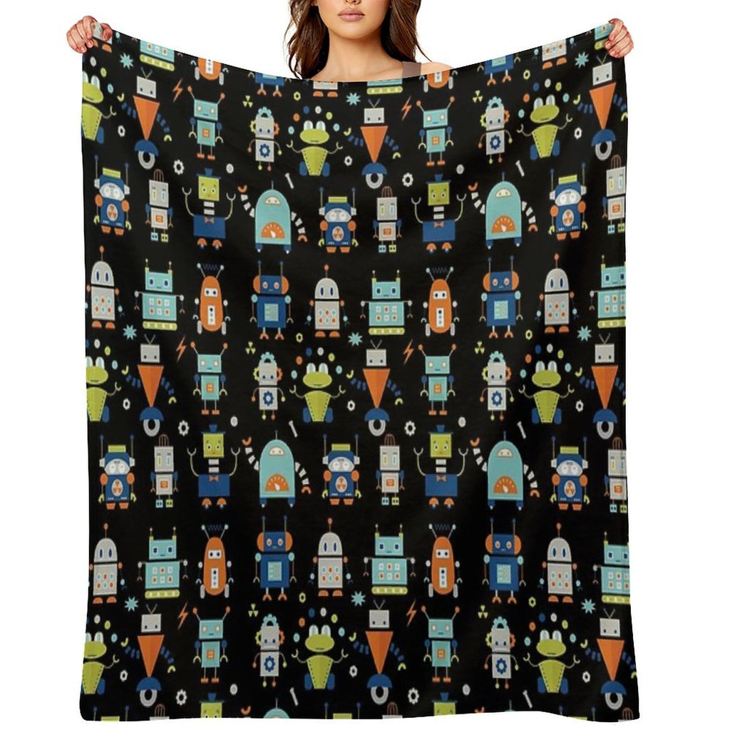 Robots Pattern Black Lightweight Throw Blanket
