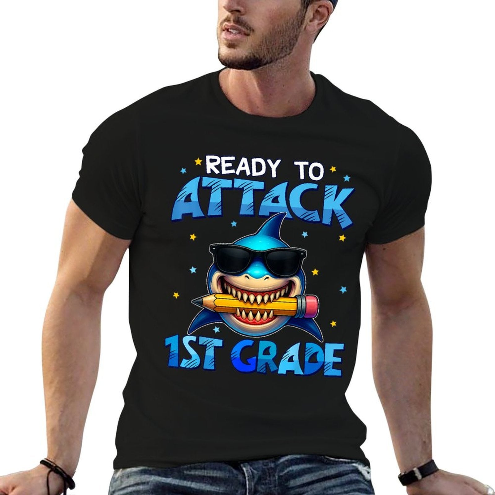 Ready To Attack 1st Grade Shark First Day Of School Boys  Oversized Silhouette T-Shirt