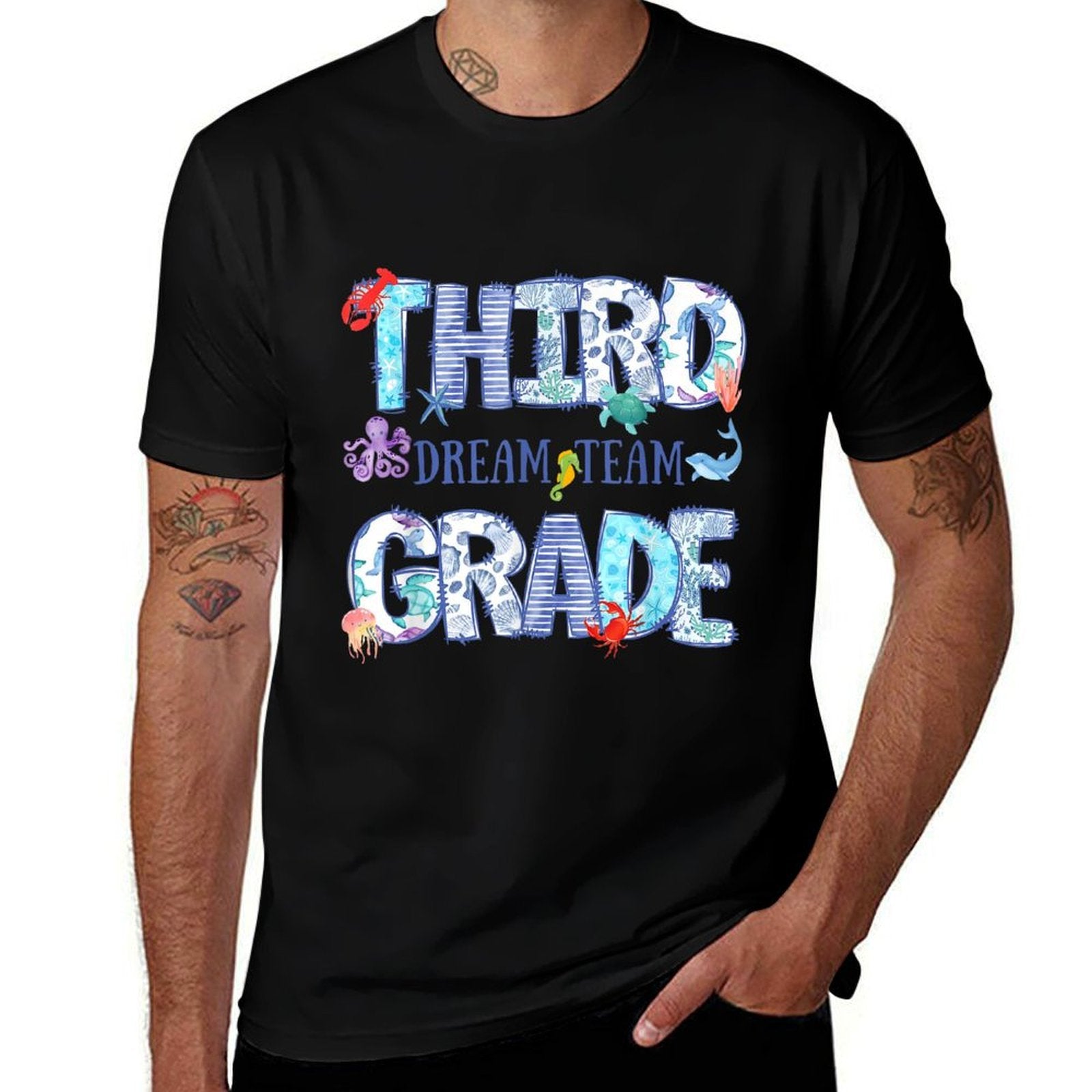 Third Grade Dream Team Back to School Funny Sea Animals  Moisture-wicking T-Shirt