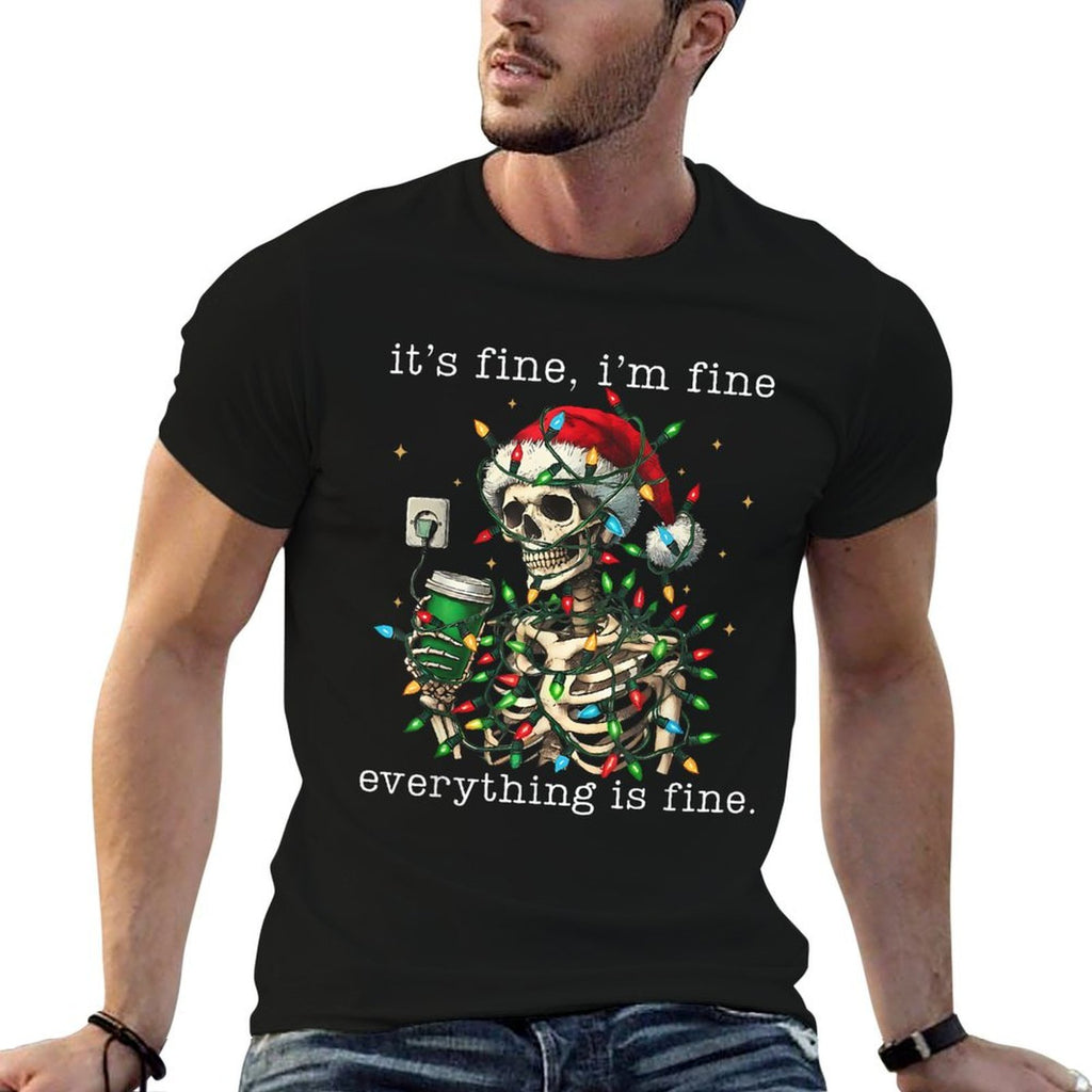Its Fine Im Fine Everything Is Fine Christmas Skeleton  Rolled Sleeves T-Shirt