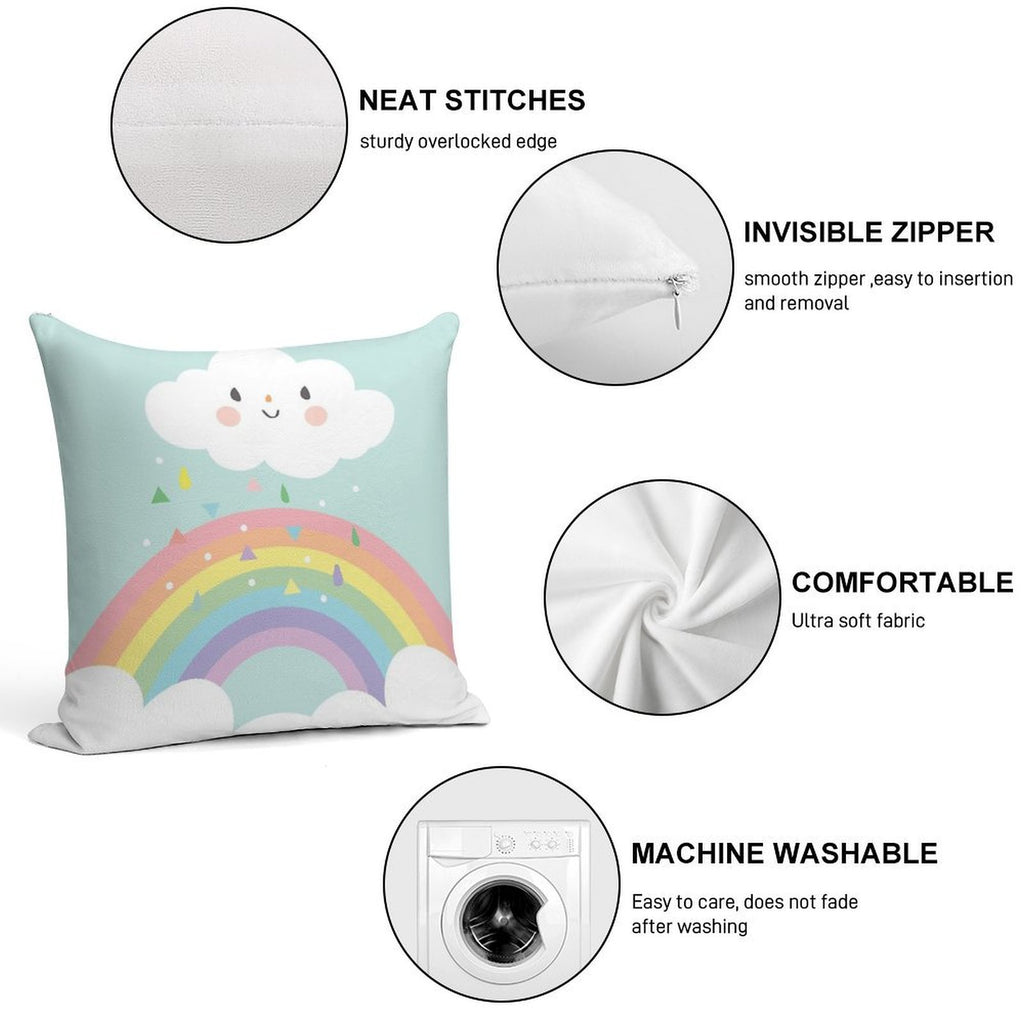 Rainbow Happy Little Cloud Pastel Rain And Sunshine Baby Nursery Art Print Canvas Design Soft Gift Ready Throw Pillow