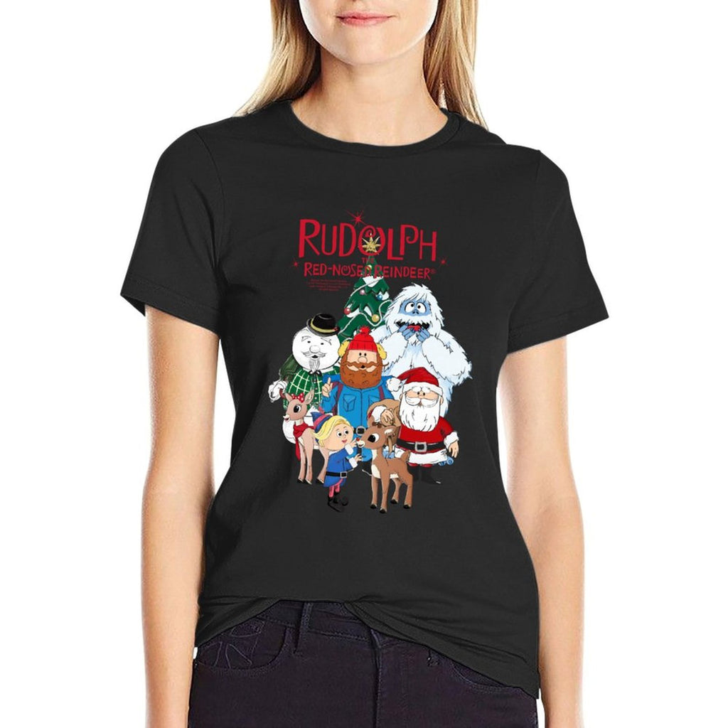 Rudolph Characters with Christmas Tree Retro Holiday  Ribbed Collar T-Shirt