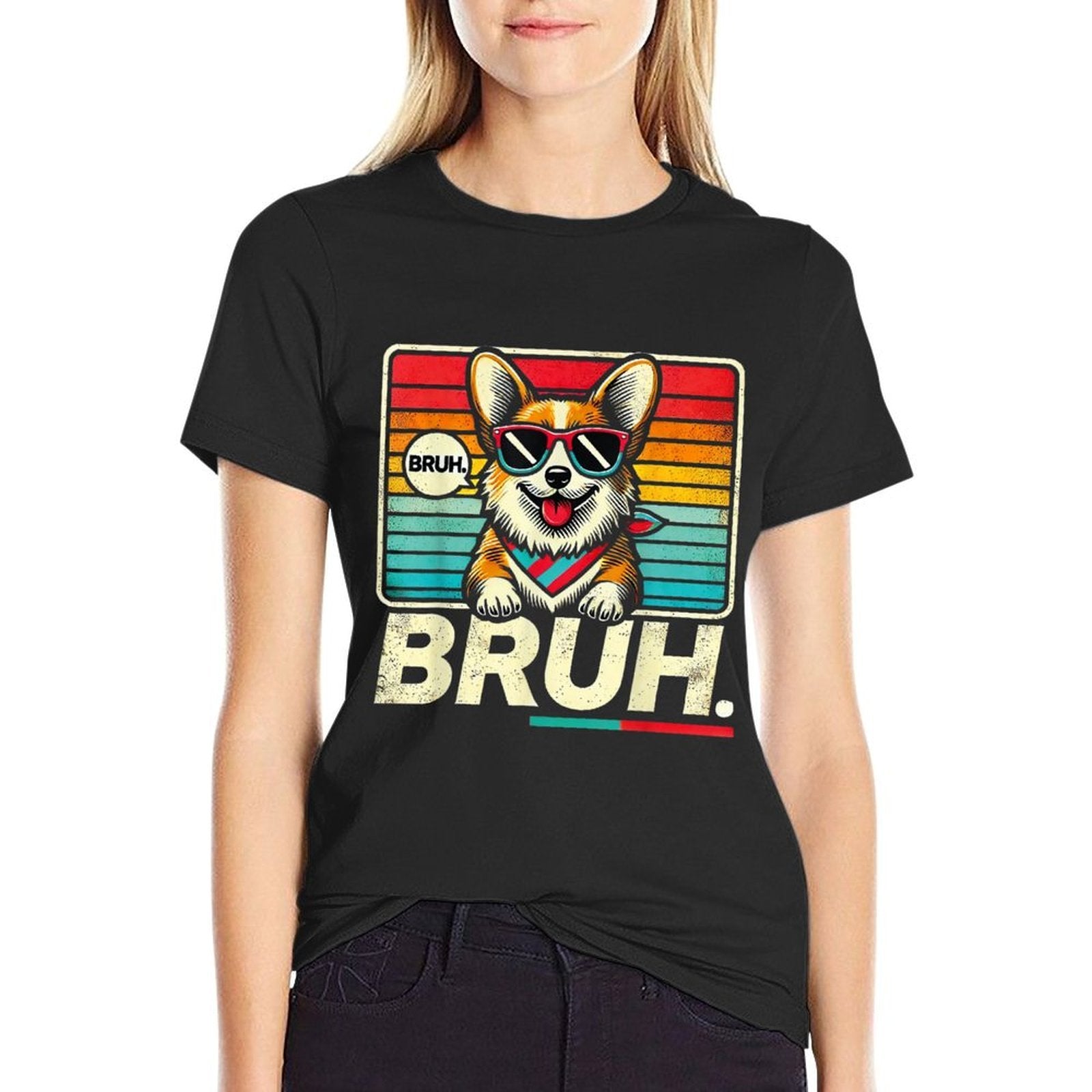 Bruh Retro Vintage 80s Dog Sunglasses BRUH Funny Bruh Corgi  Fade-proof Color T-Shirt