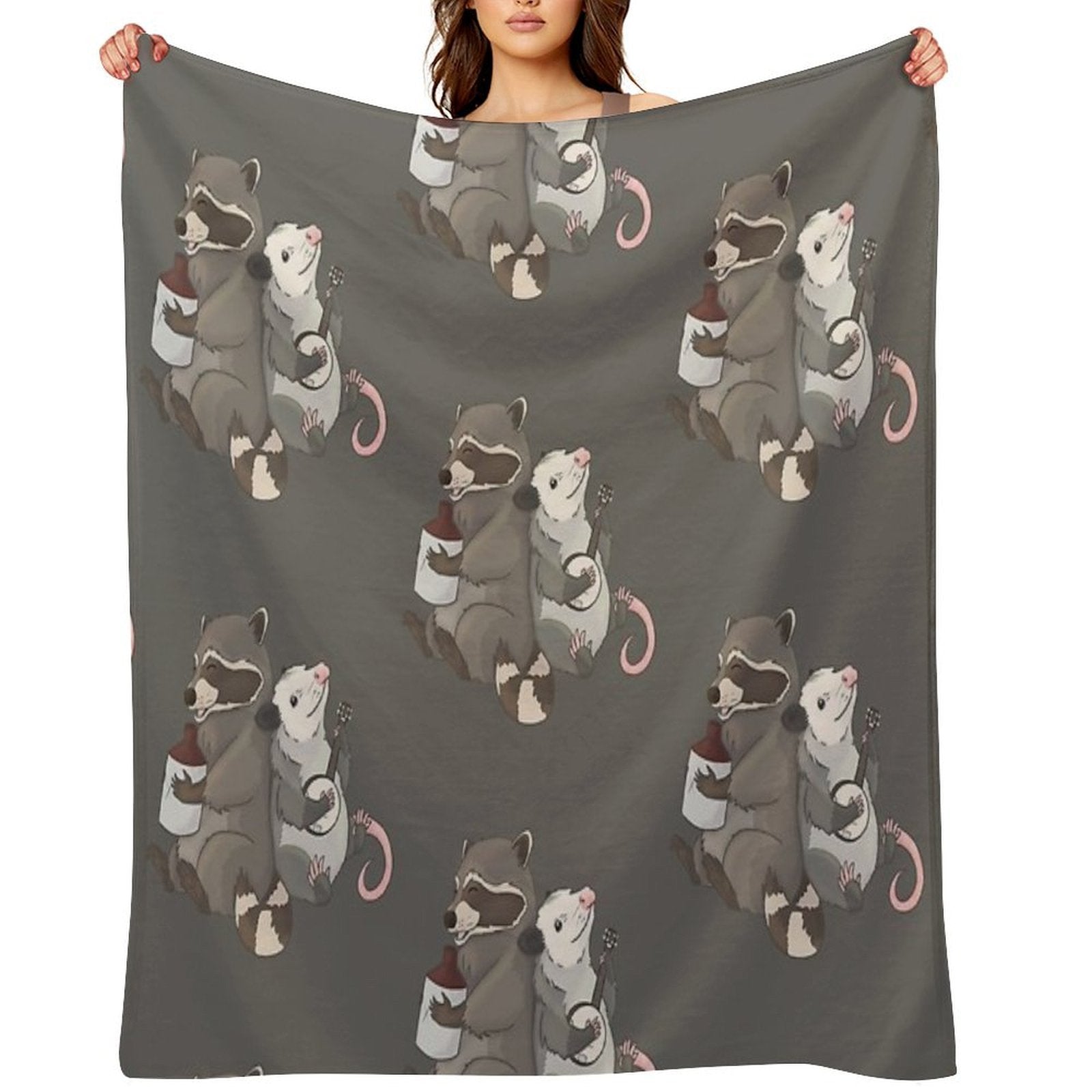 Opossum And A Racoon Playing Instruments Easy Care Throw Blanket