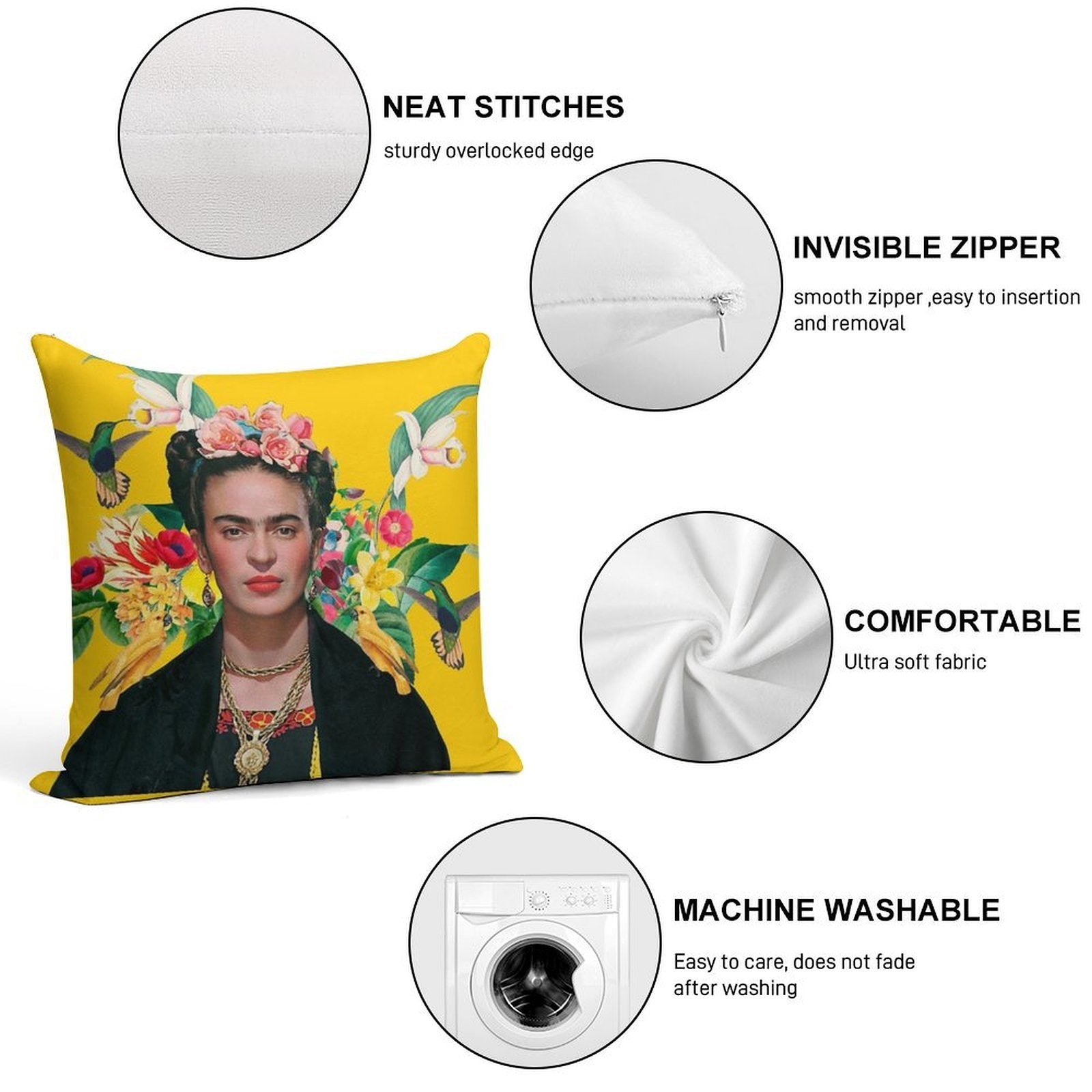 Frida Kahlo And Flowers Exotic Parrots Hummingbird ,Frida Kahlo Soft Multiple Sizes Throw Pillow