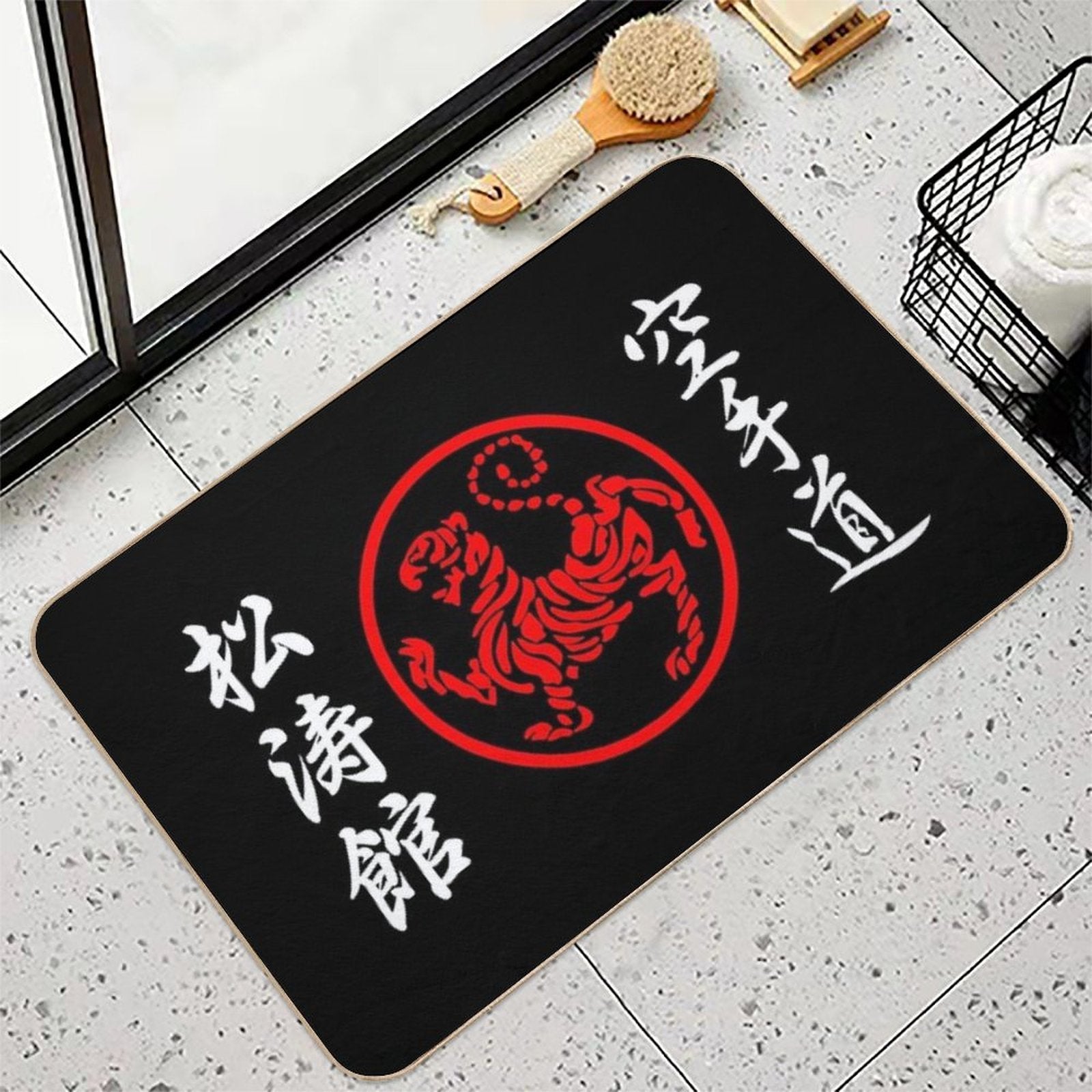 Shotokan Symbol And Kanji on The Sides White Text Durable Bath Mat