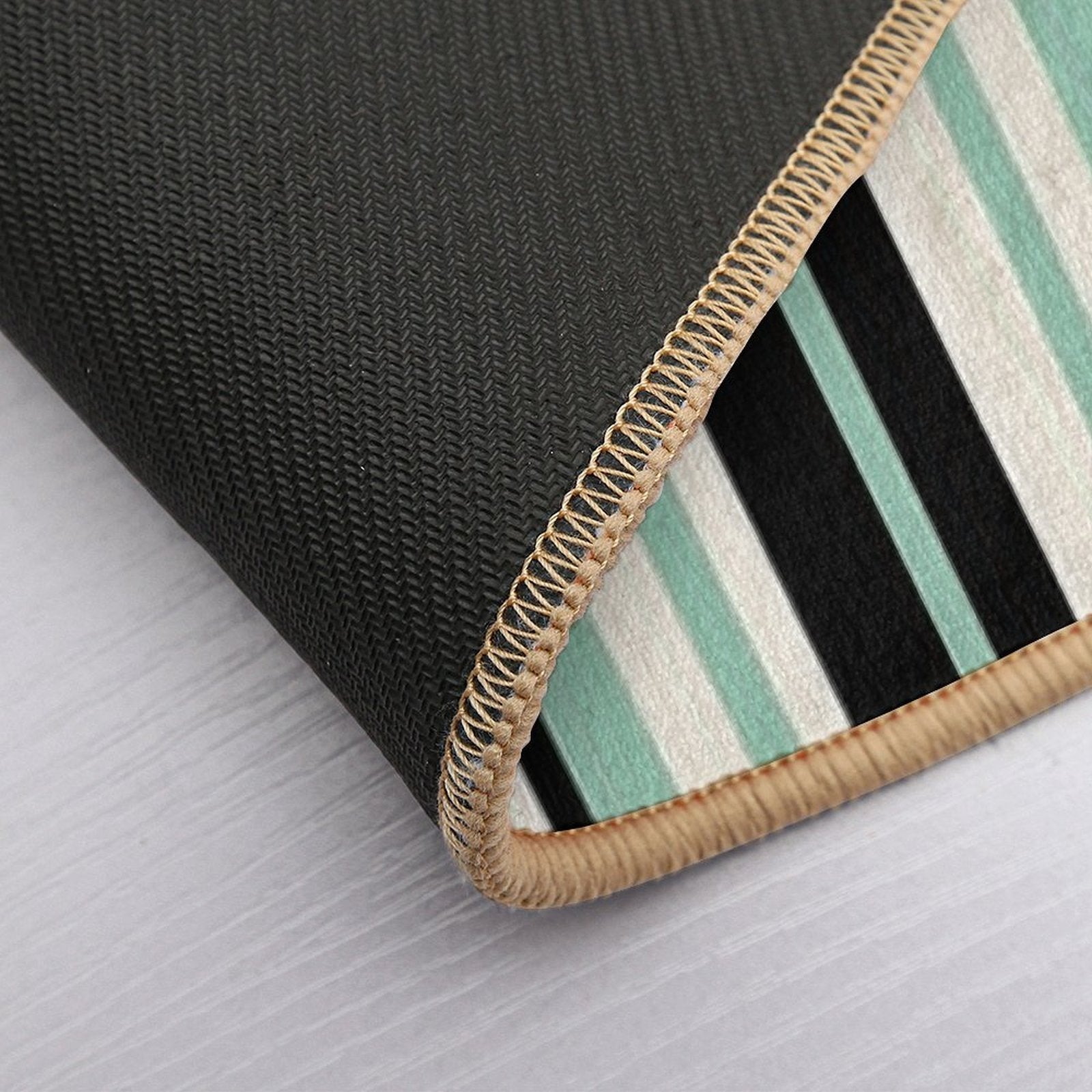 Vertical Retro Stripes in Mint Green, Black, And Cream  Easy To Clean Bath Mat