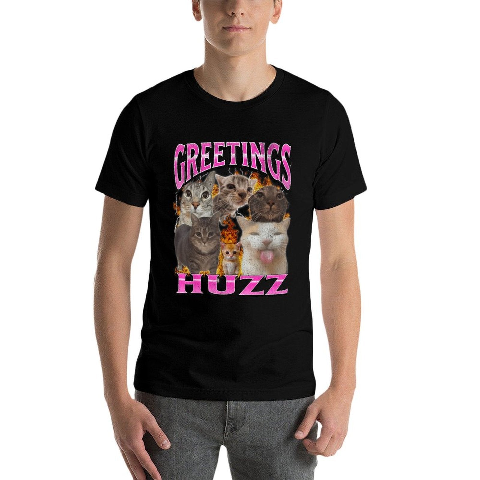 Greetings Huzz Funny Cat Meme Bootleg Graphic Men Women  Oversized Silhouette T-Shirt