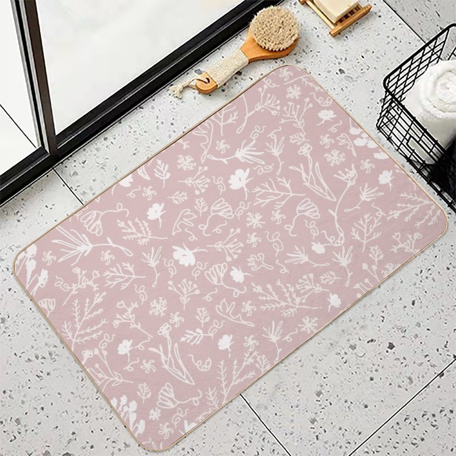 Botanical-Pattern, Set, Pink, 2, Pale-pink, Botanic, Nature, Botanical, Floral, Flowers, Floral-pattern, Leaves, Plants, Minimal  Easy To Clean Bath Mat