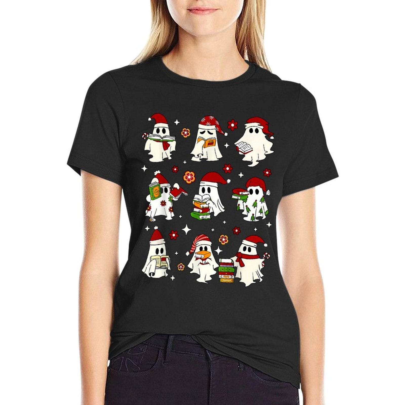 Funny Santa Ghost Reading Books Christmas Library Teacher  High-quality Stitching T-Shirt