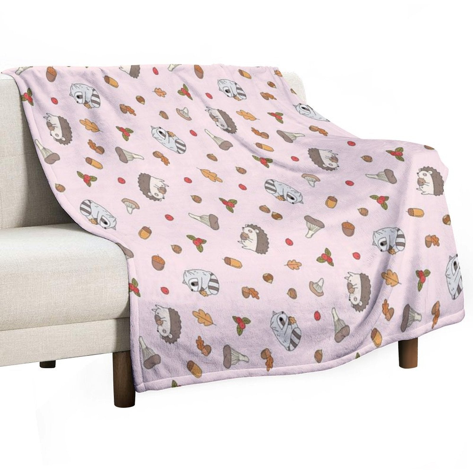 Woodland Animals Pattern, Hedgehog And Raccoon Pattern Compact Throw Blanket