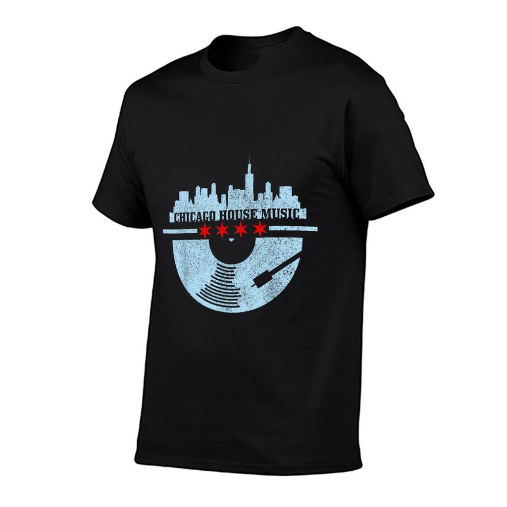 Chicago House Music DJ Raver Vinyl Skyline Retro Vintage  Cotton T-Shirt