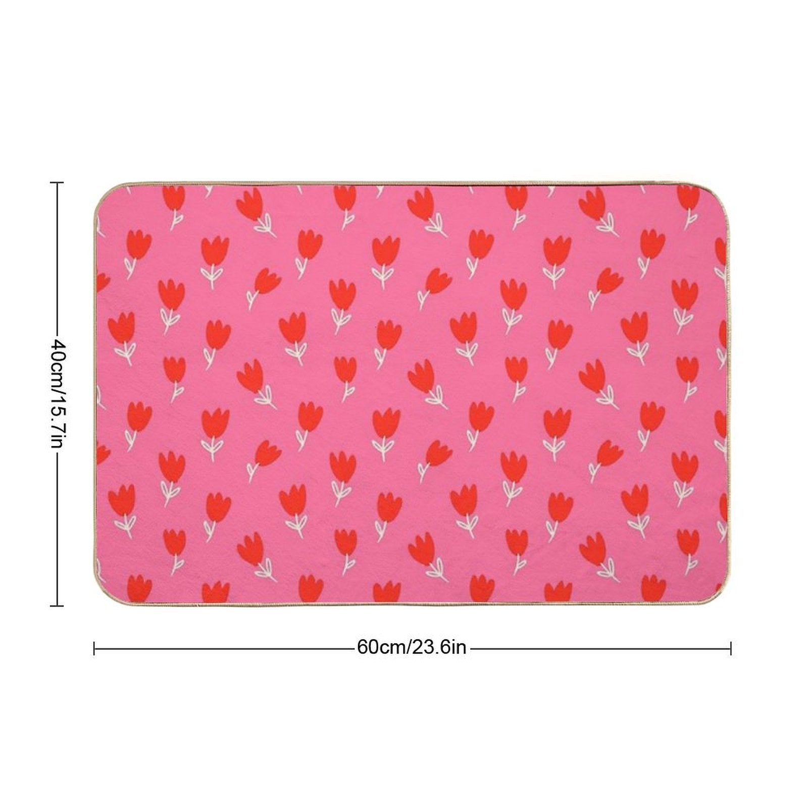 Red Tulips with White Leaves And Stems Drawn on A Pink Background.  Repositionable Bath Mat