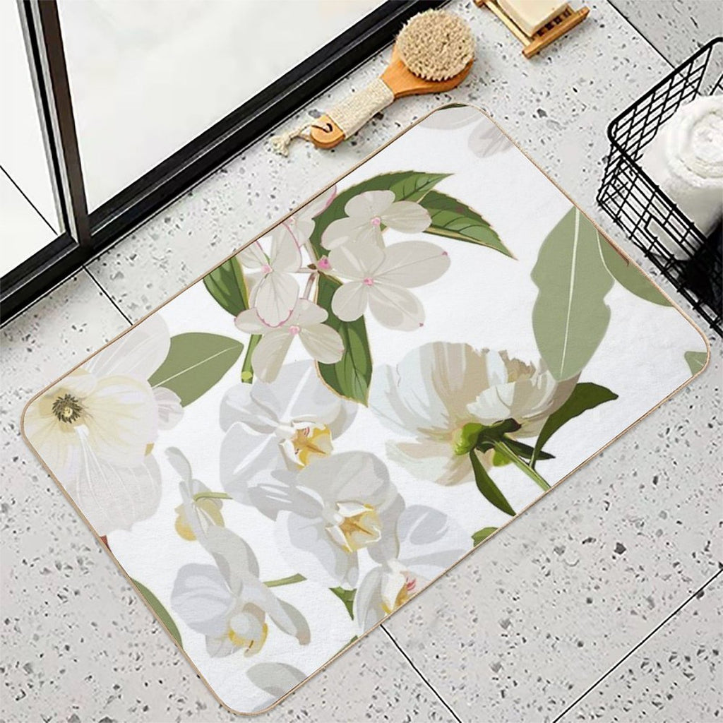 Beautiful Floral Seamless Pattern with Hydrangea White Flowers, Ochids And Leaves.  Stain-Proof Bath Mat