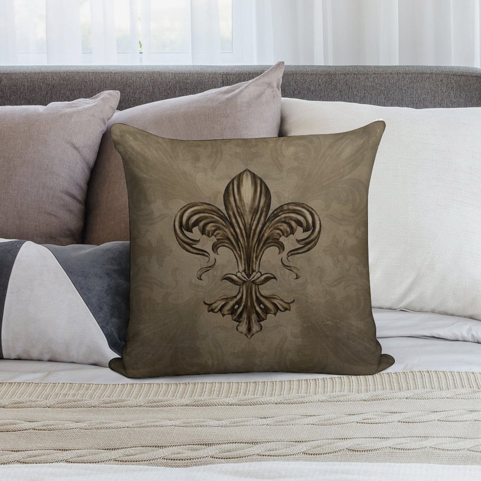 Vintage Fleur-de-lis Sepia Soft Reinforced Edging Throw Pillow