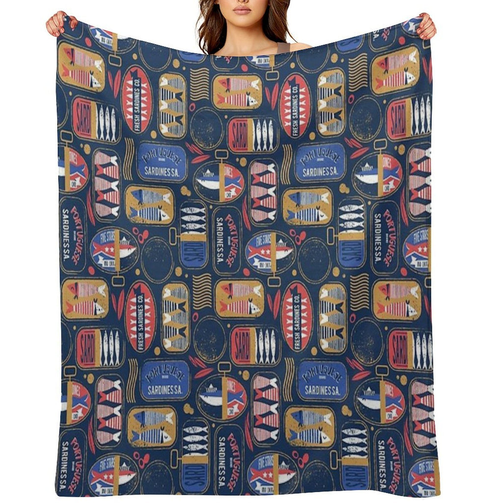 Vintage Canned Sardines  Navy Blue Background Electric Blue And Mandy Red Cans Premium Throw Blanket